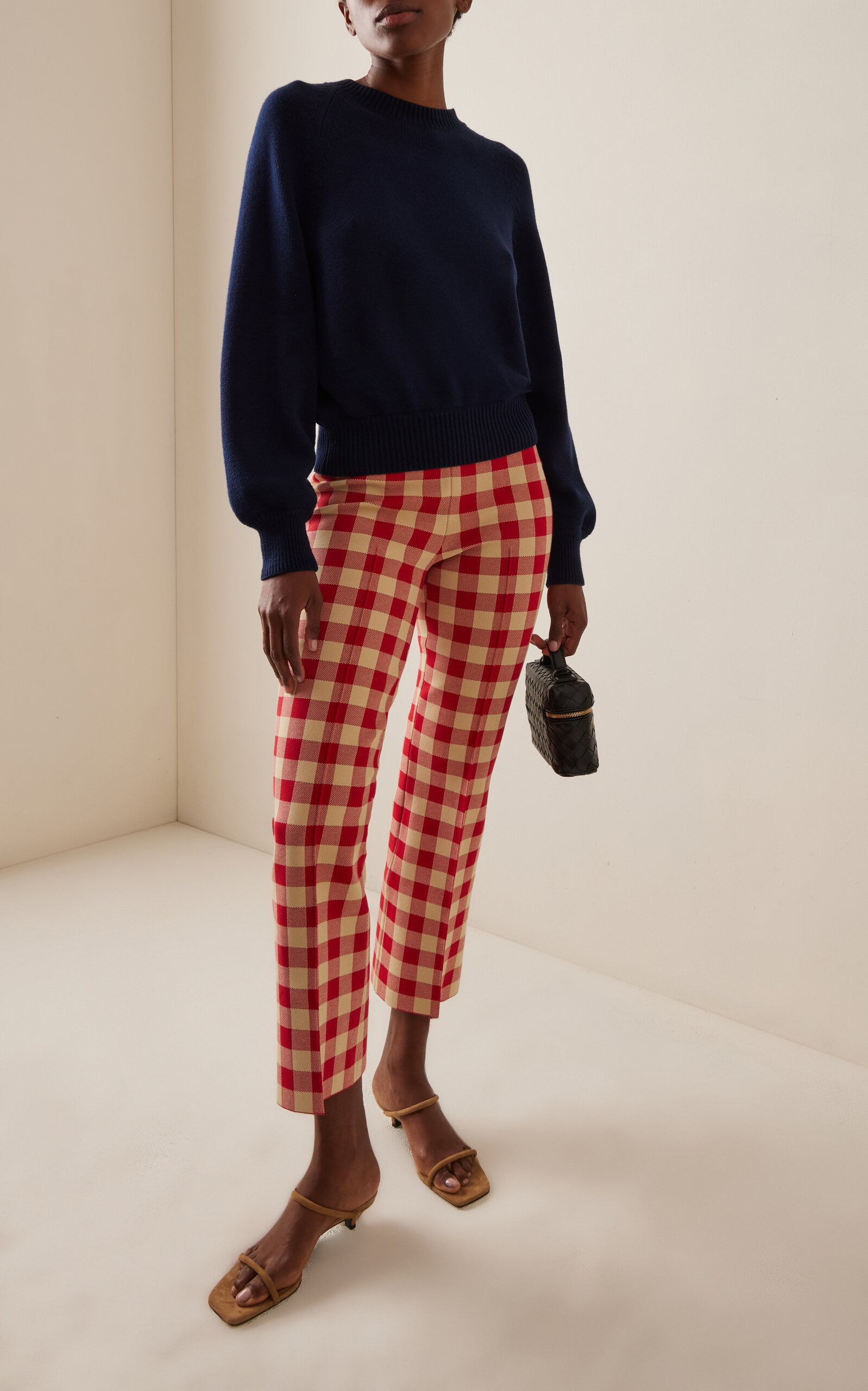 Exclusive Kick Gingham Stretch-Cotton Knit Cropped Flared Pants red - 2