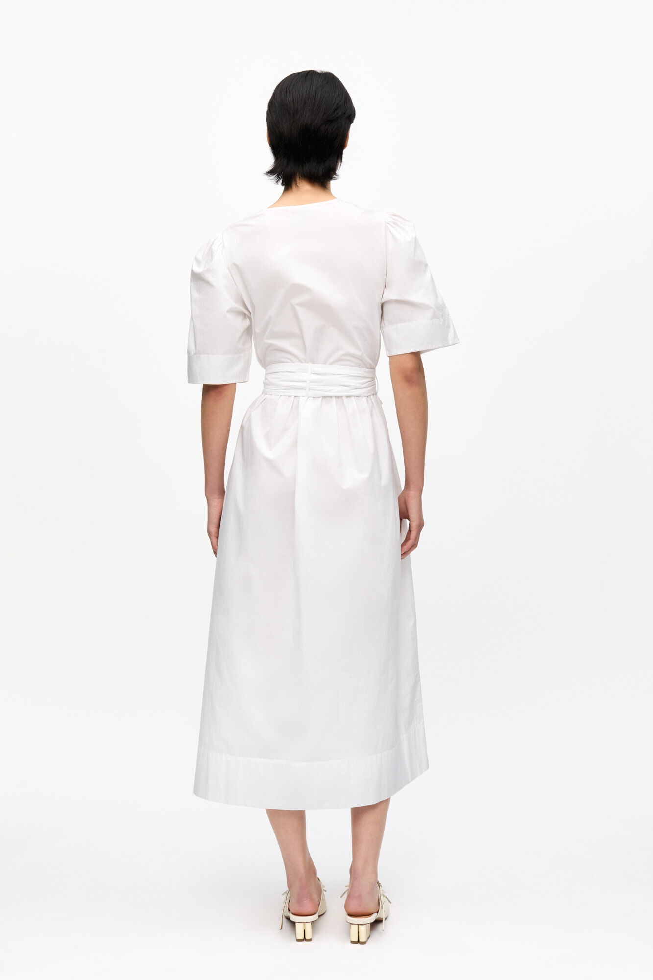 WHITE STRETCH COTTON TIE STRAP MIDI DRESS - 3