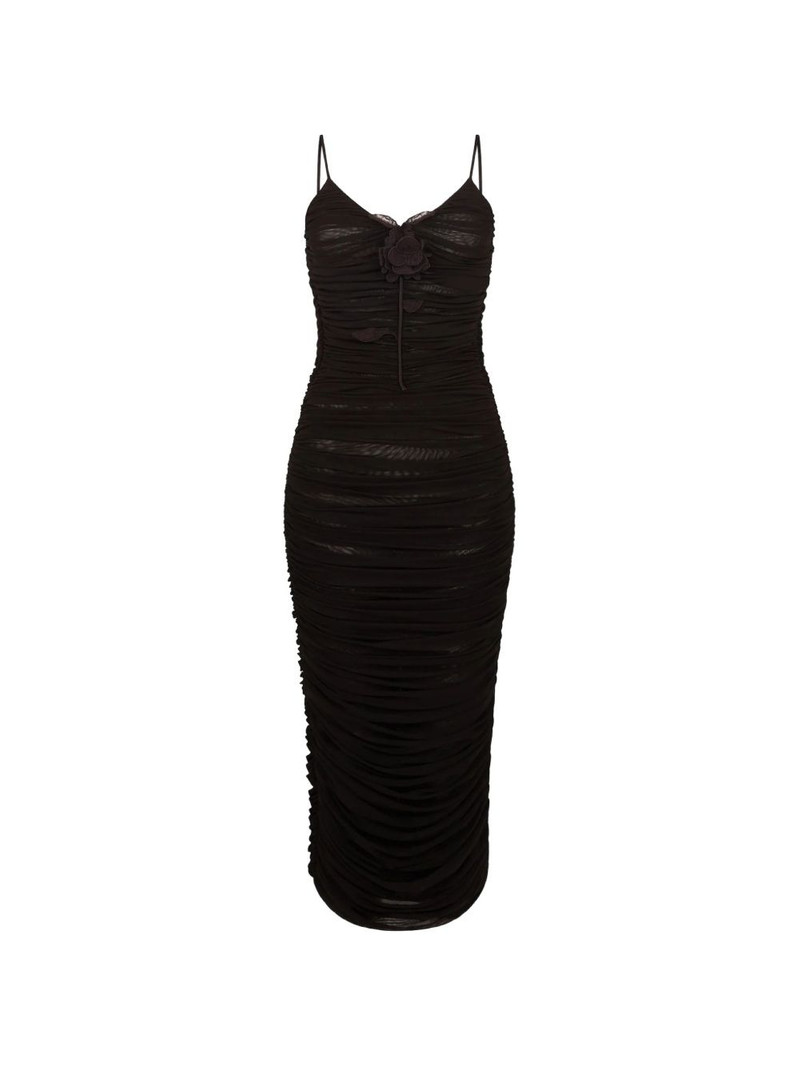 lace rose embroidered ruched midi dress 1