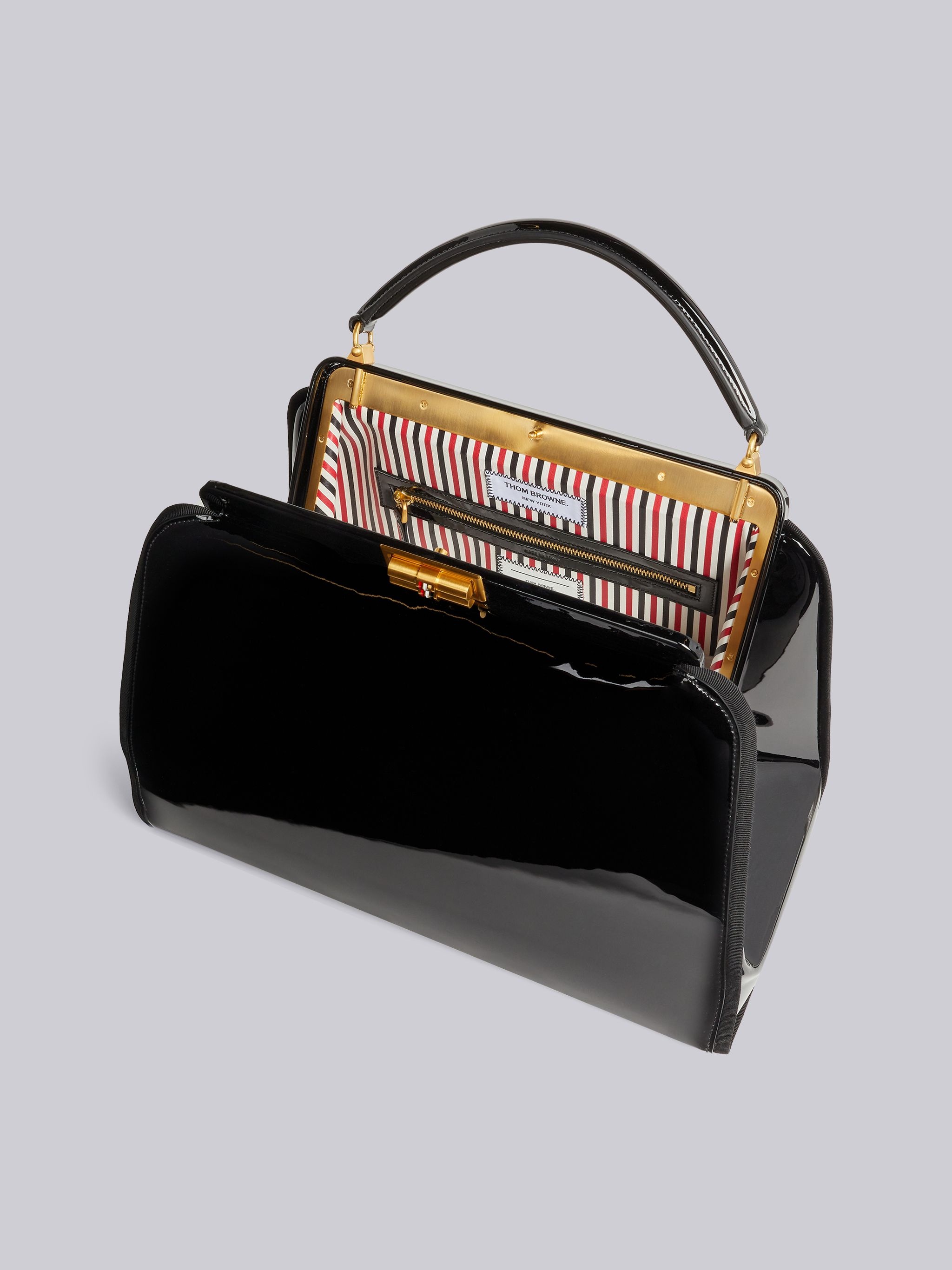 Black Soft Patent Leather Grosgrain Frame Large Doctor Bag - 5