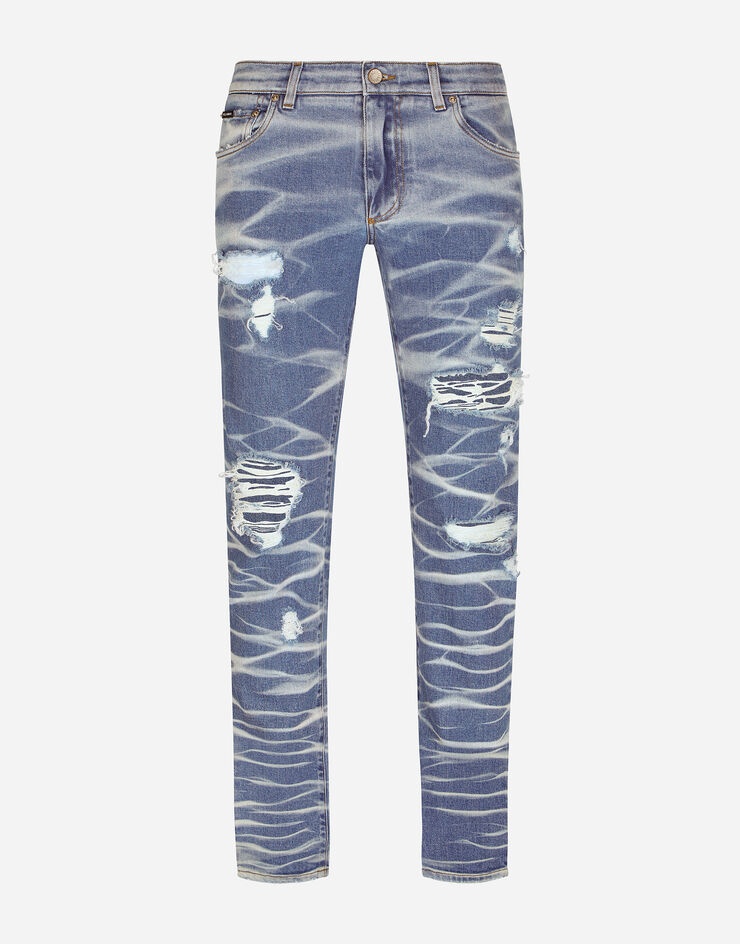 Light blue wash slim-fit stretch jeans with rips - 3