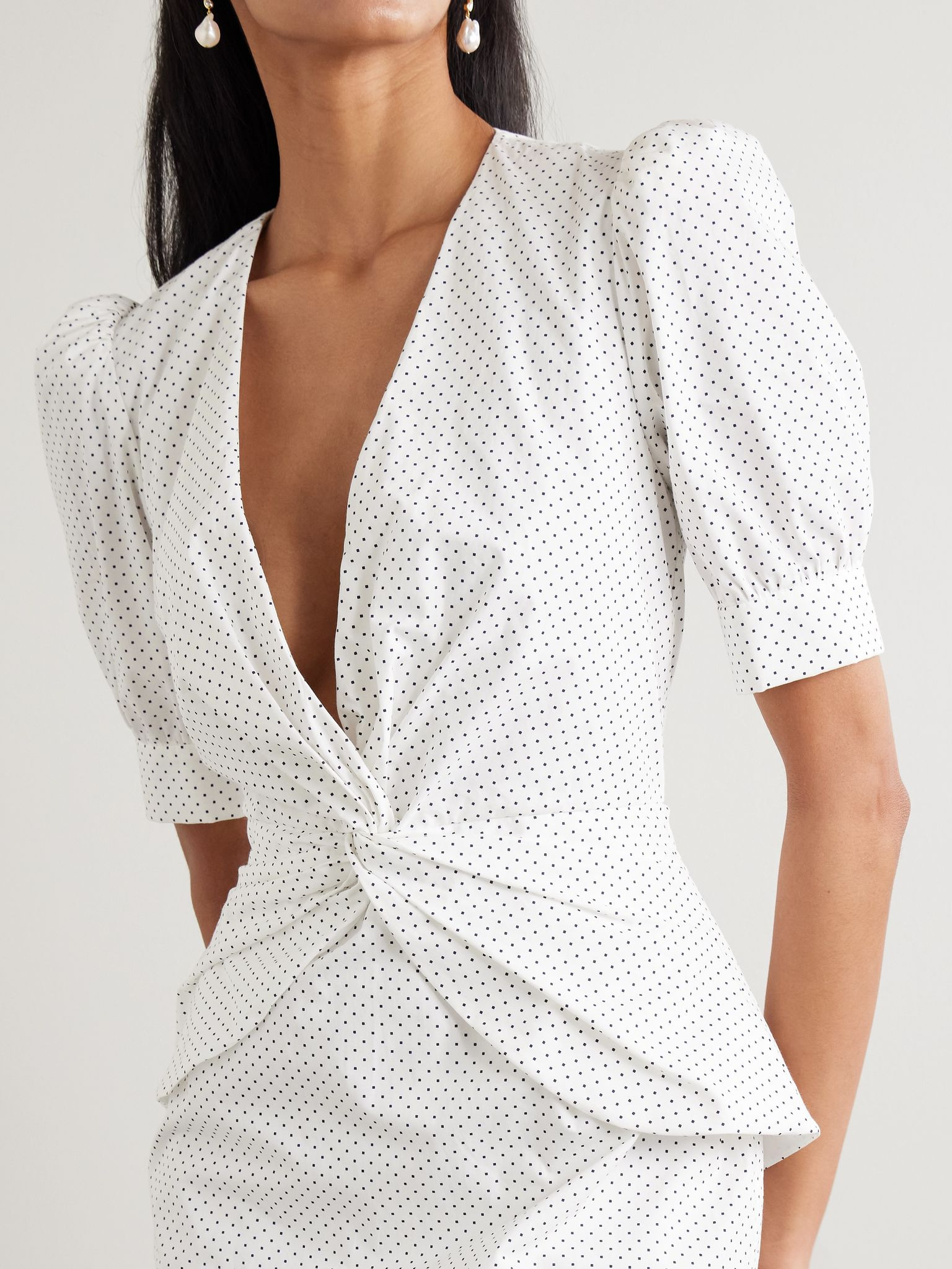 Twist-front gathered printed cotton-poplin midi dress White - 5