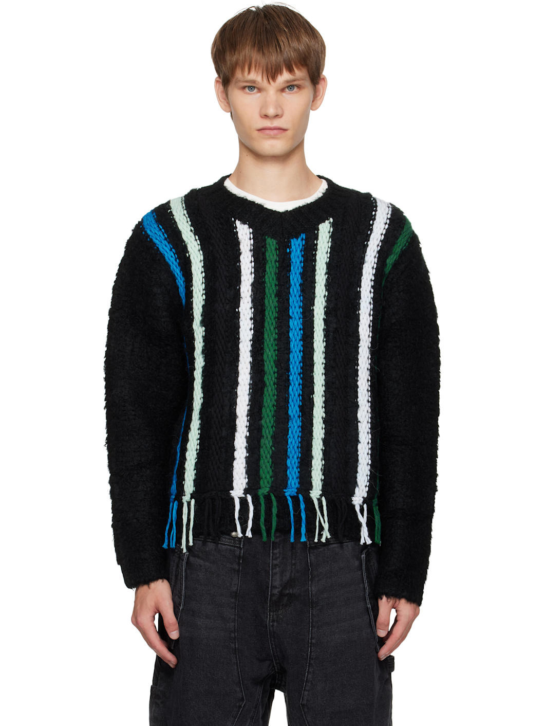 Black V-Neck Reverse Stripe Sweater - 1