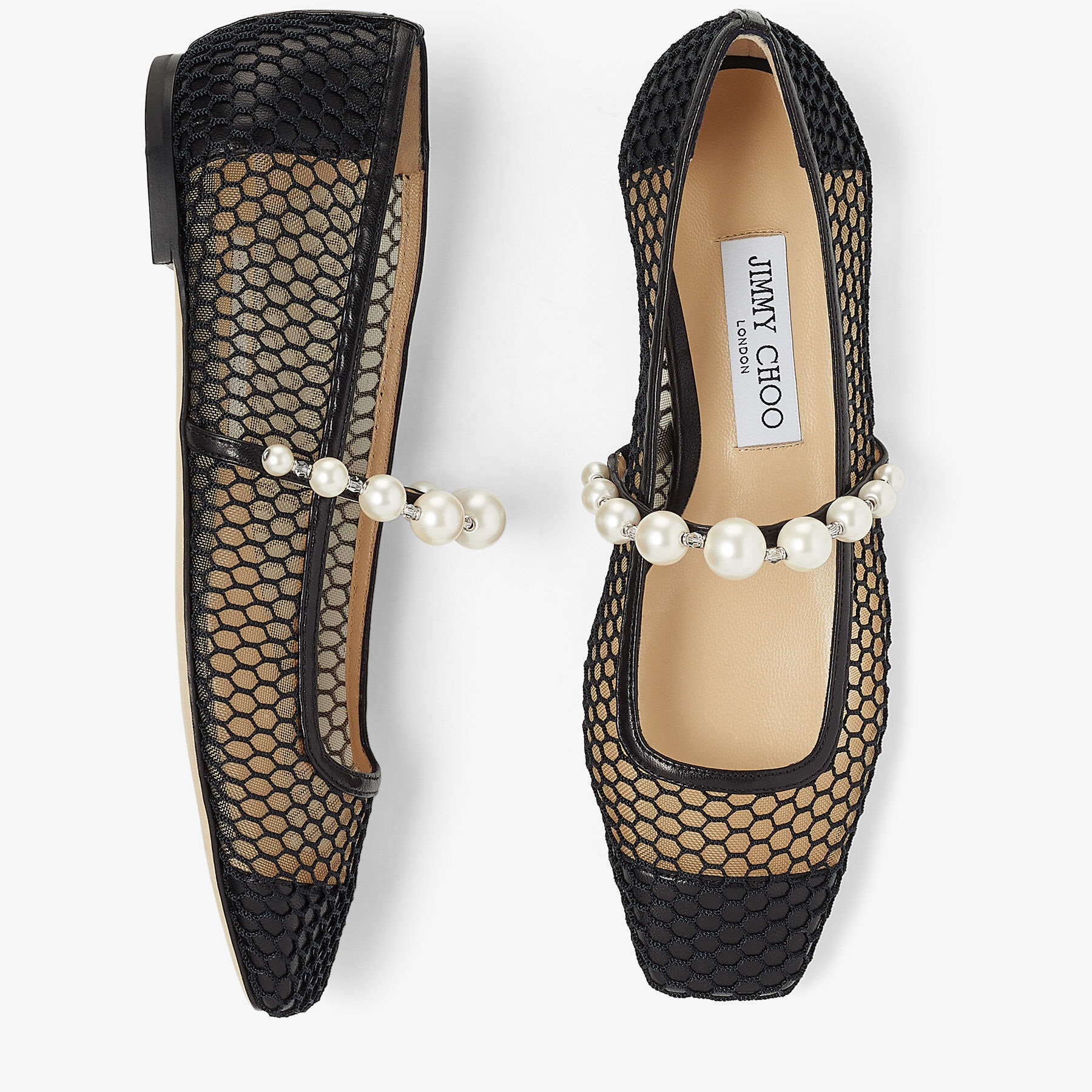 Ade Flat
Black Fishnet Mesh and Nappa Flats with Pearl-Embellished Strap - 5