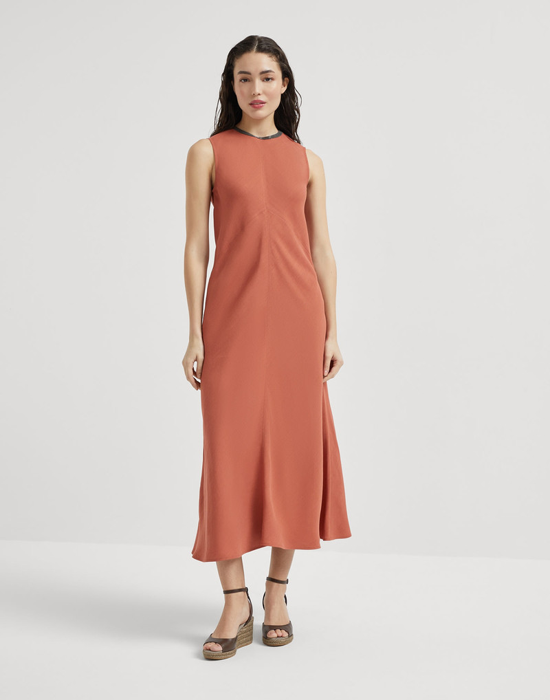 Viscose and linen fluid twill dress with precious collar - 1