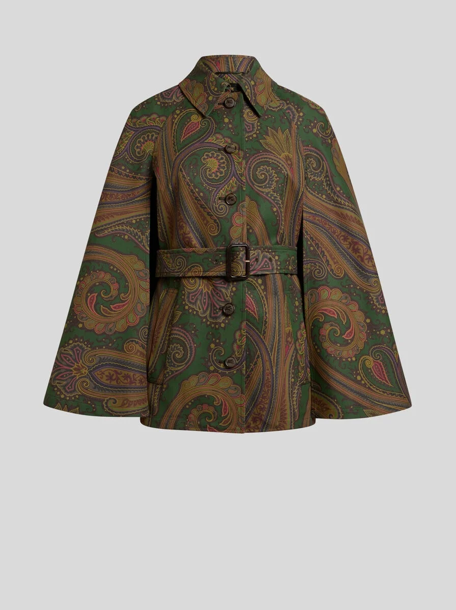 COTTON GABARDINE TRENCH COAT-STYLE CAPE WITH PAISLEY MOTIF - 1