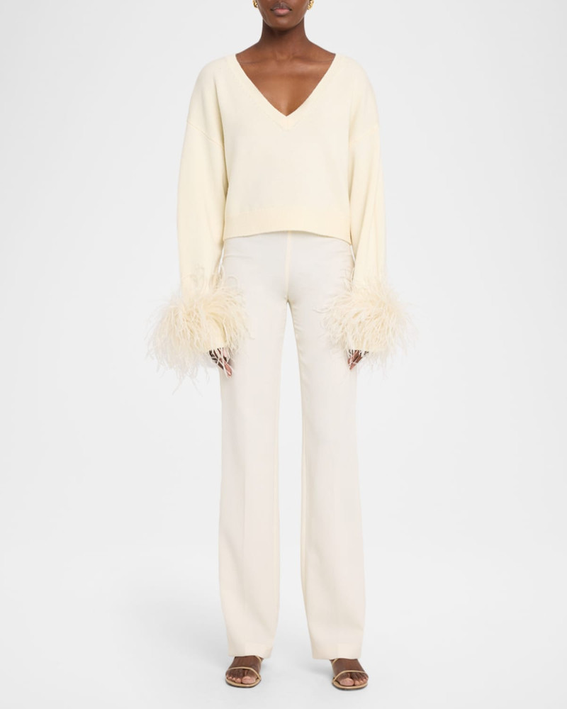 LAPOINTE Merino Wool V-Neck Crop Sweater With Feather Cuffs outlook