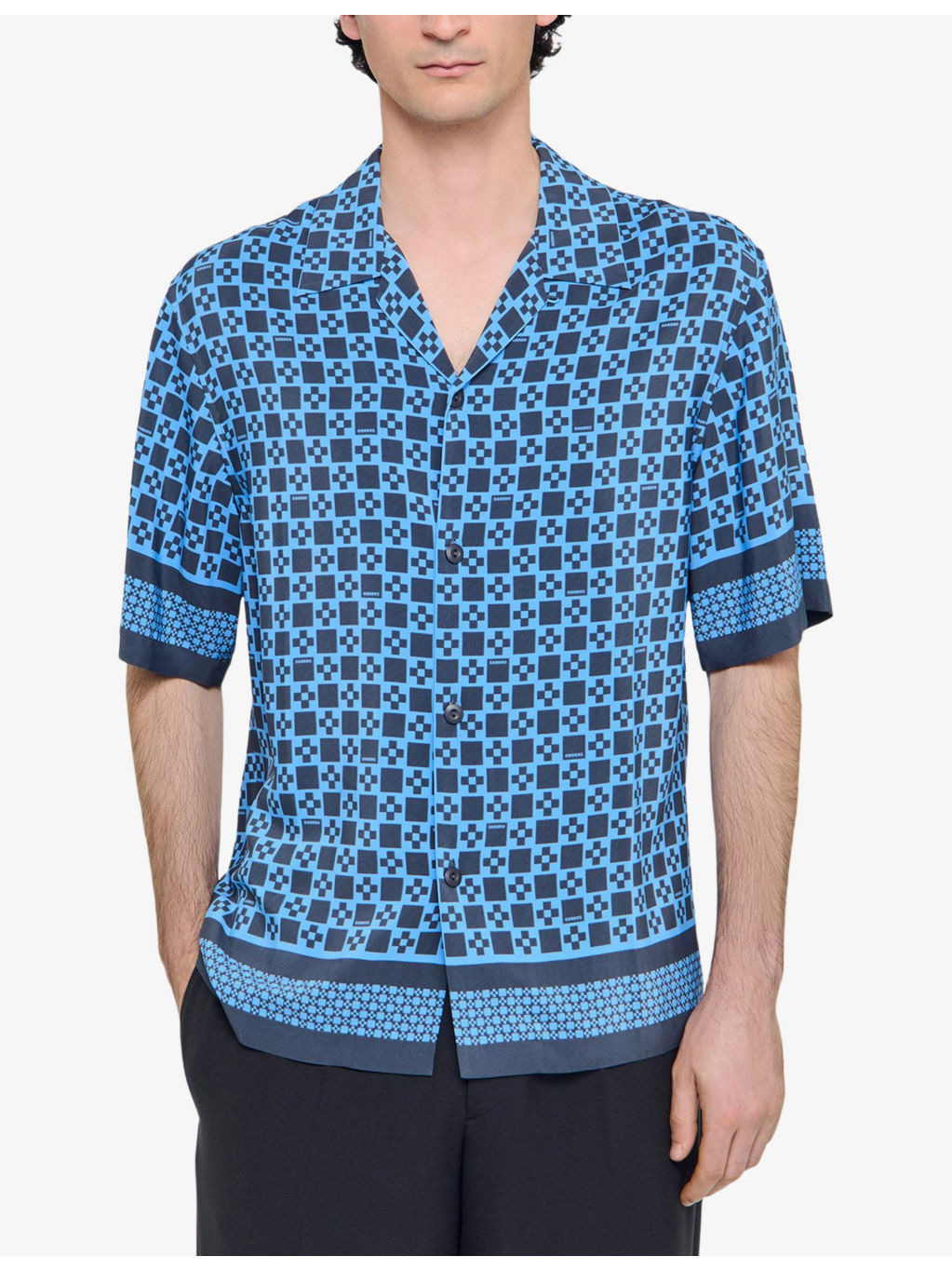 Square Cross-Print Short-Sleeve Satin Shirt - 3