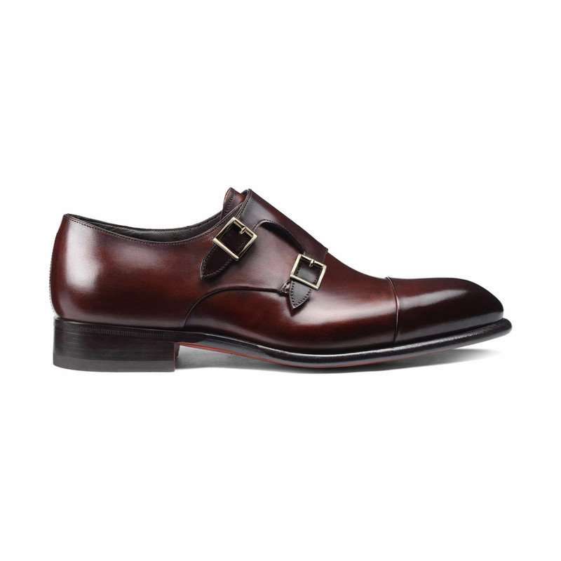 Santoni Men's red leather double-buckle shoe outlook