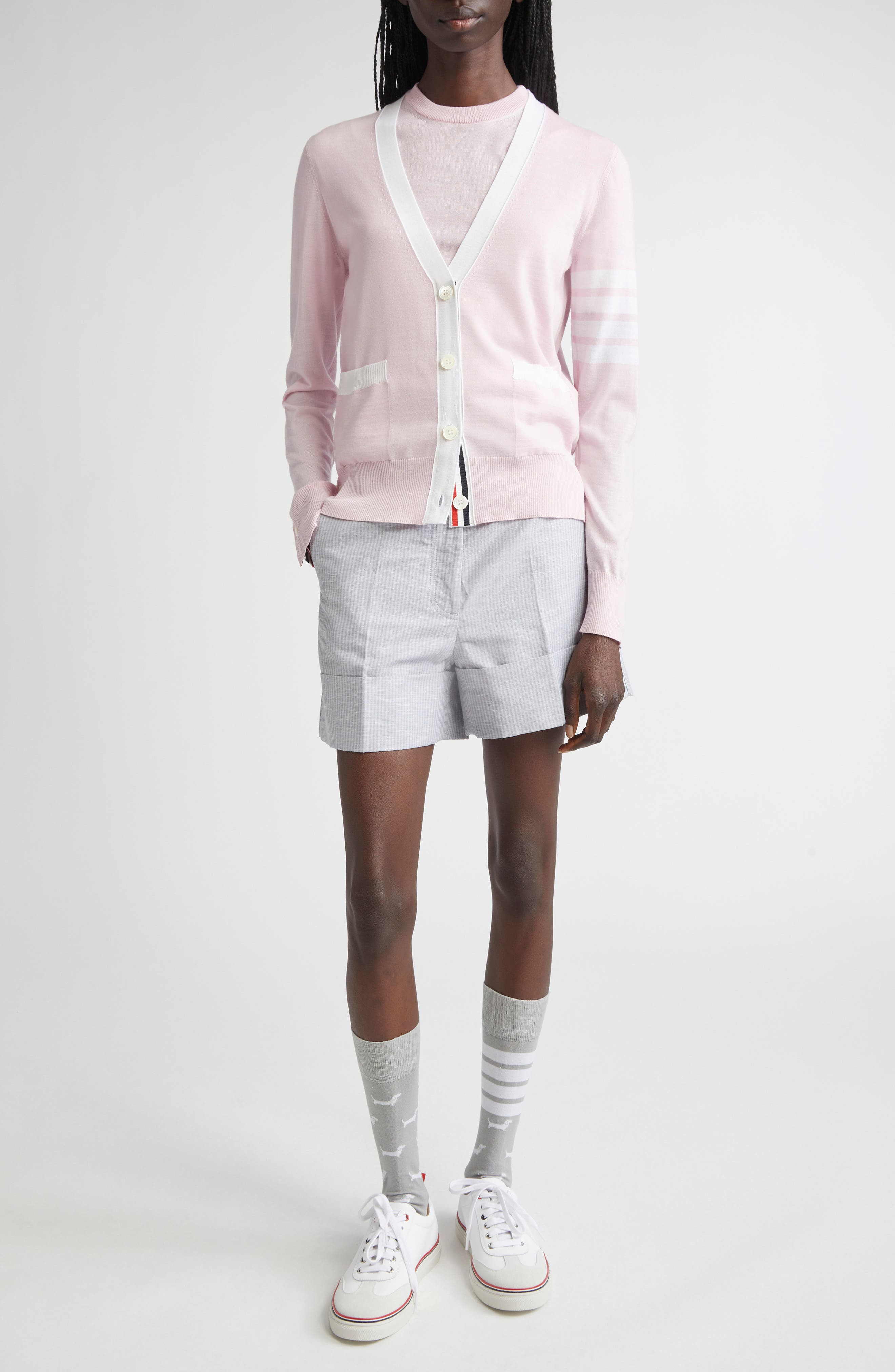 Thom Browne 4-Bar Relaxed Fit V-Neck Virgin Wool Cardigan in Light Pink at Nordstrom - 2
