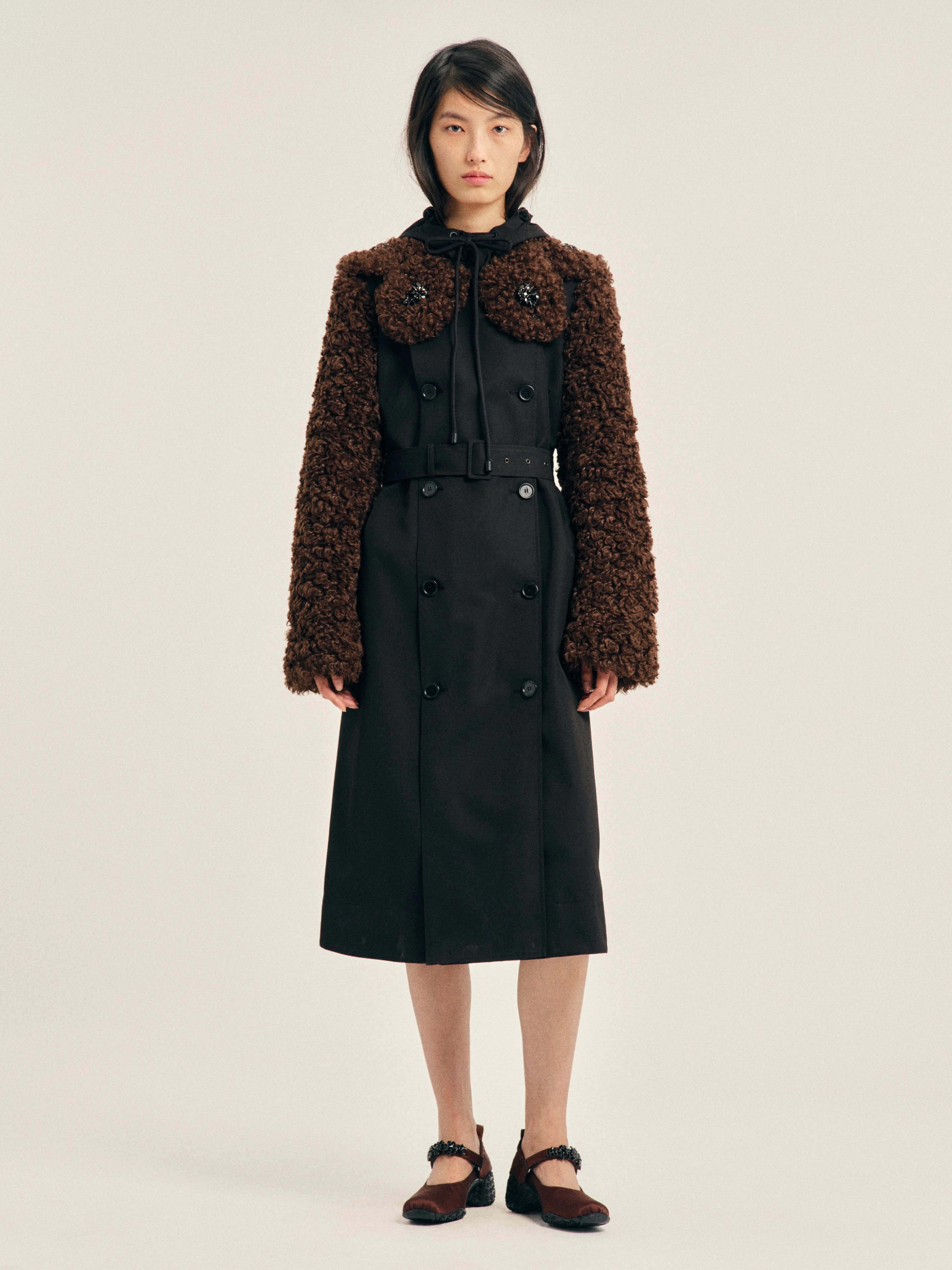 Embellished Faux Fur Detail Petal Collar Trench Coat - 1