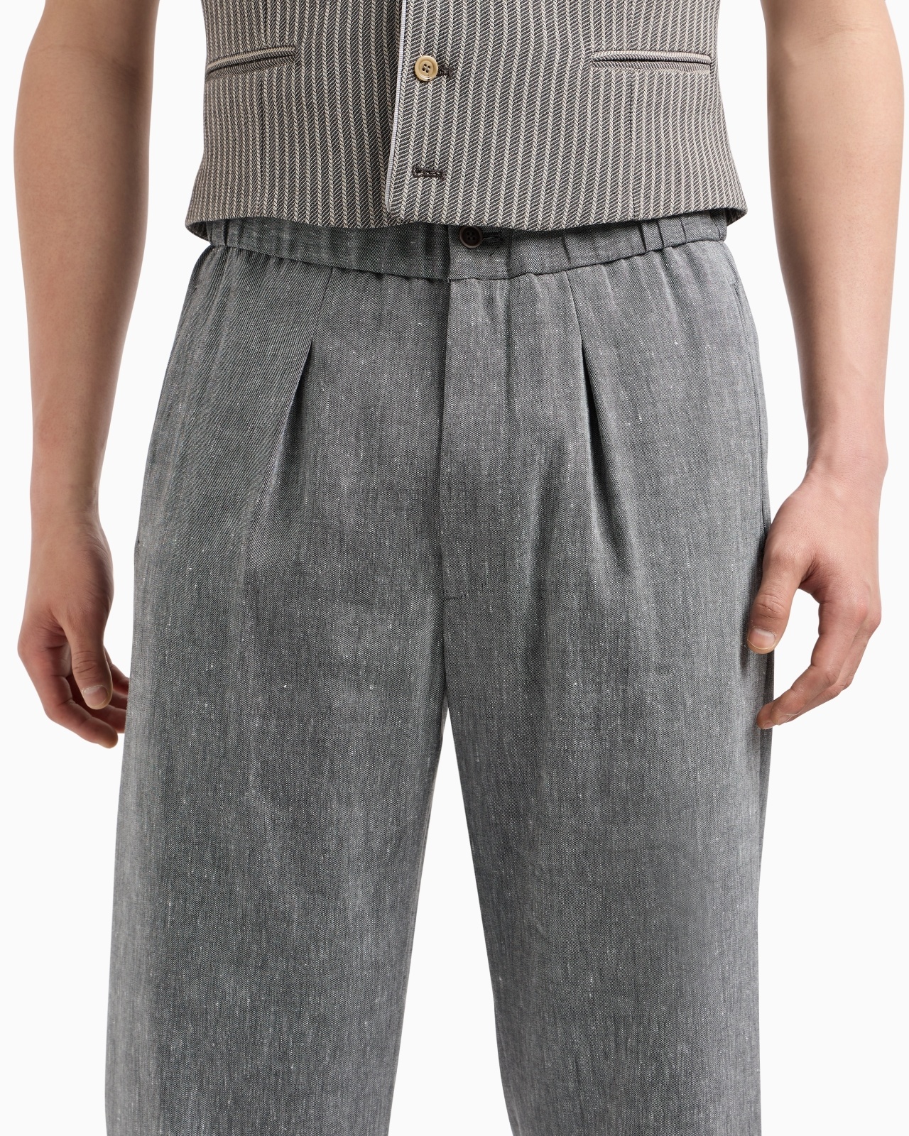 SINGLE-PLEAT, DENIM-EFFECT LINEN AND VIRGIN WOOL TROUSERS - 5
