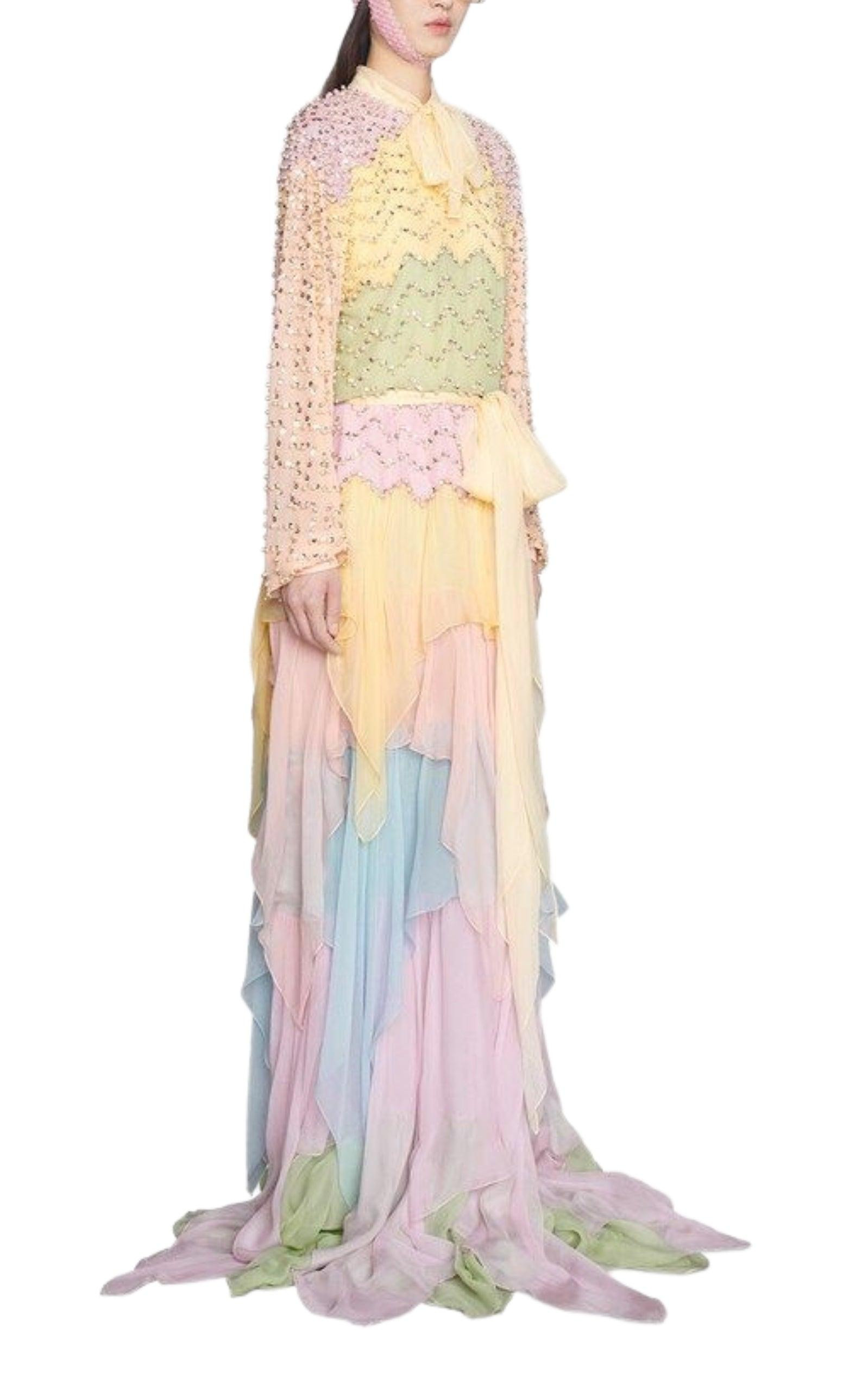 Ruffled Gown Embellished with Pearls Rhinestones - 4
