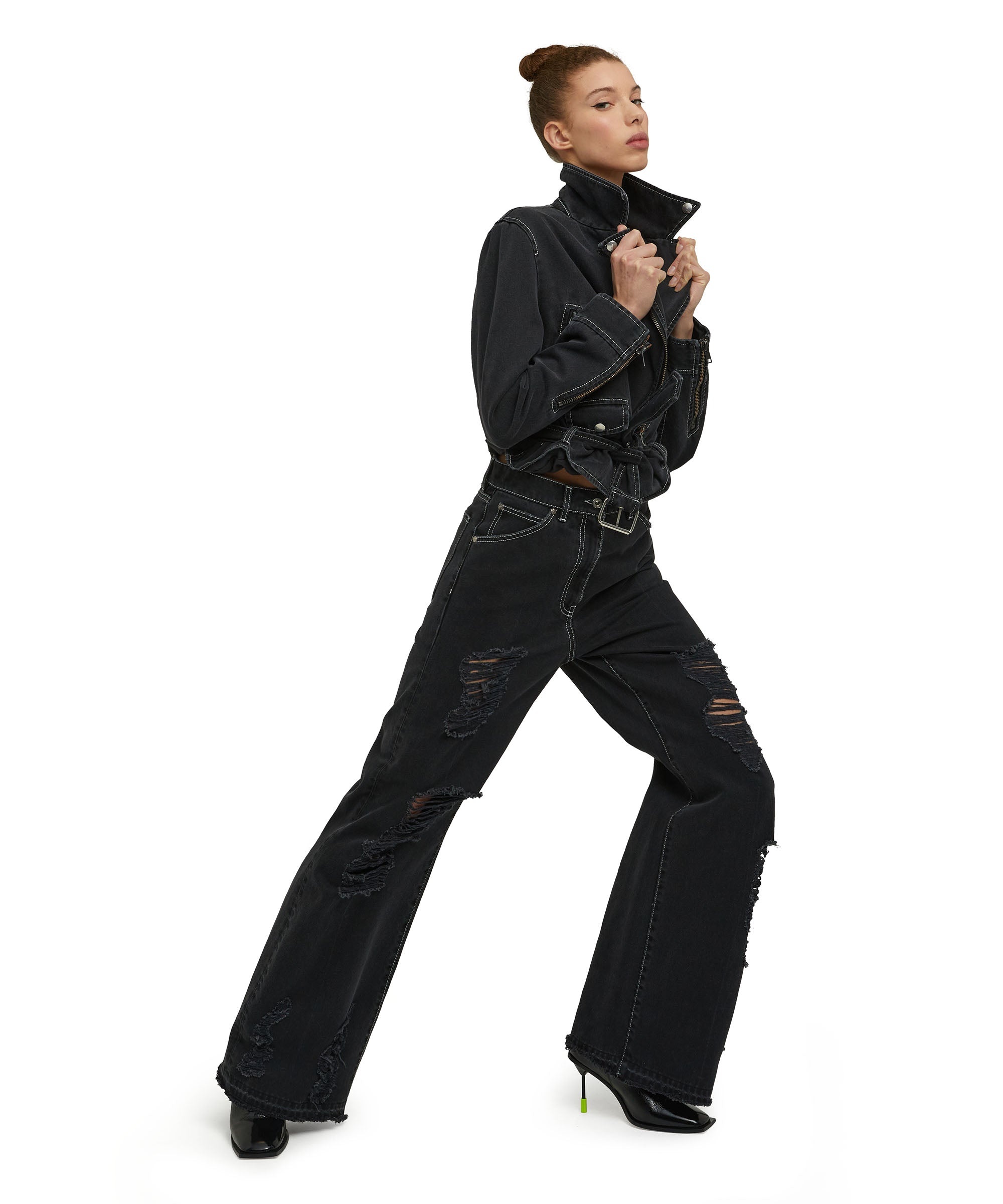 "Black Denim with Stitches" Biker jacket - 5