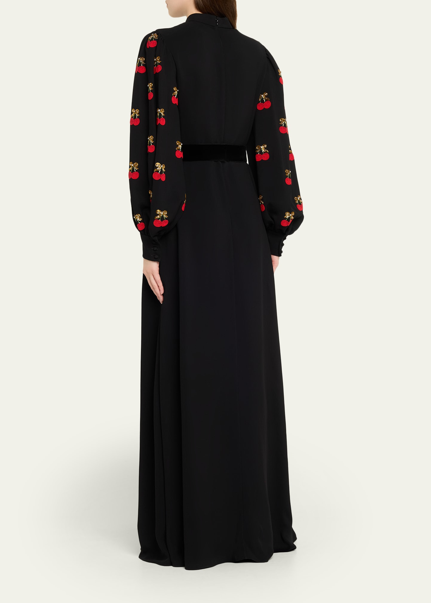 Cherry Embroidered Belted Puff-Sleeve Gown - 3