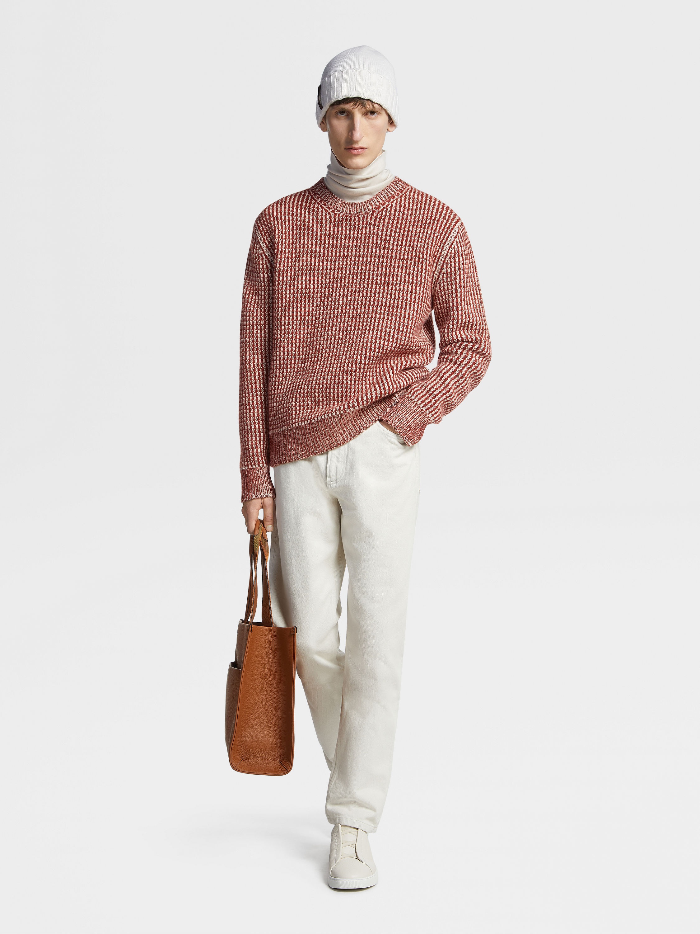 DARK RED AND LIGHT TAUPE OASI CASHMERE CREWNECK - 5