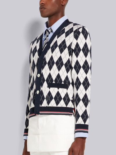 Thom Browne Navy Argyle Cotton Silk Stripe Tipping V-Neck Cardigan outlook