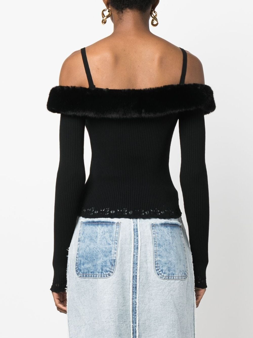 faux-fur trim off-shoulder jumper - 4