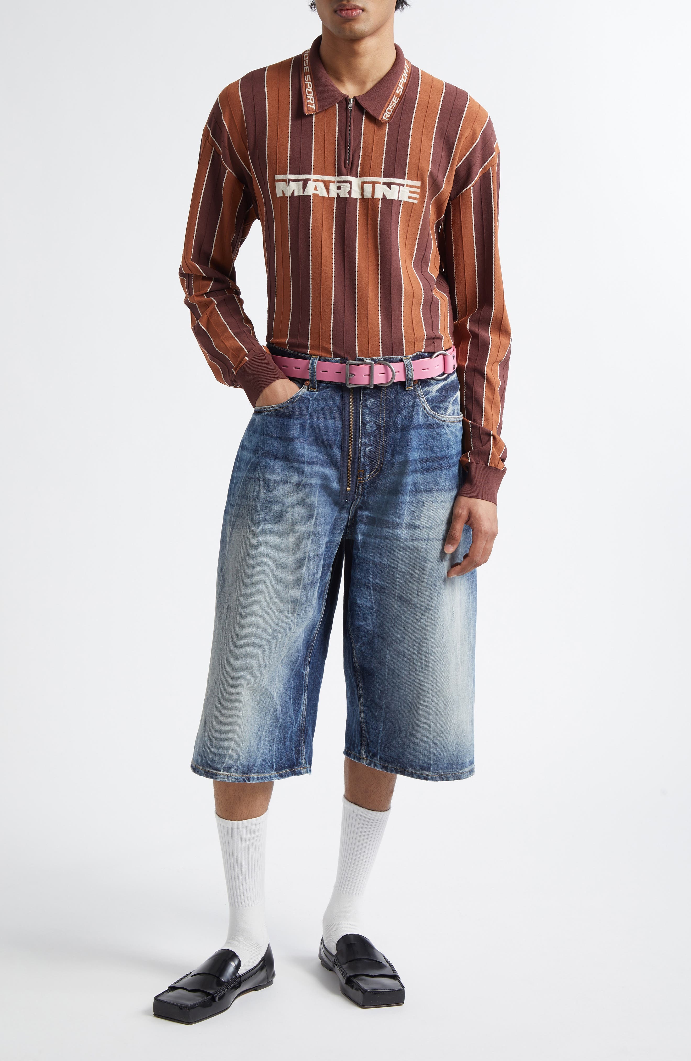 Martine Rose Logo Jacquard Stripe Long Sleeve Zip Polo in Brown at Nordstrom - 2