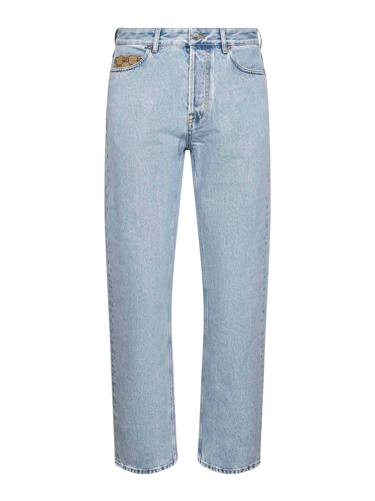 Gucci Men Light Blue Washed Denim Jeans With Gg Insert - 1