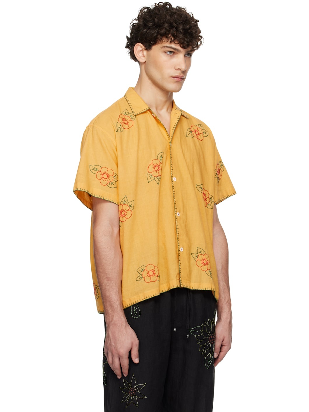 Yellow Floral Embroidered Short Sleeve Shirt - 2