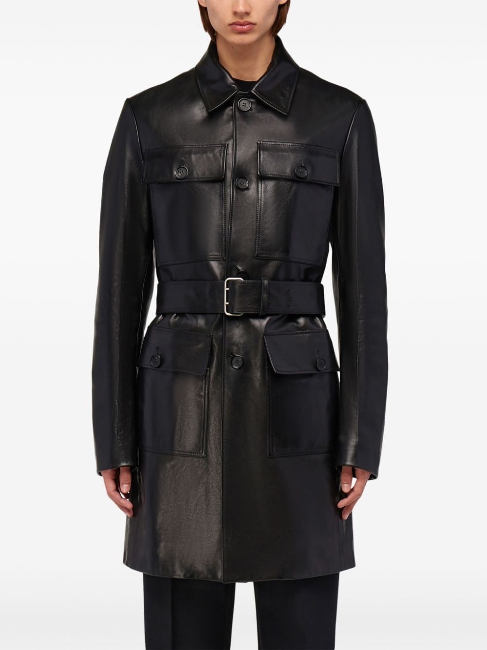 belted leather coat - 2