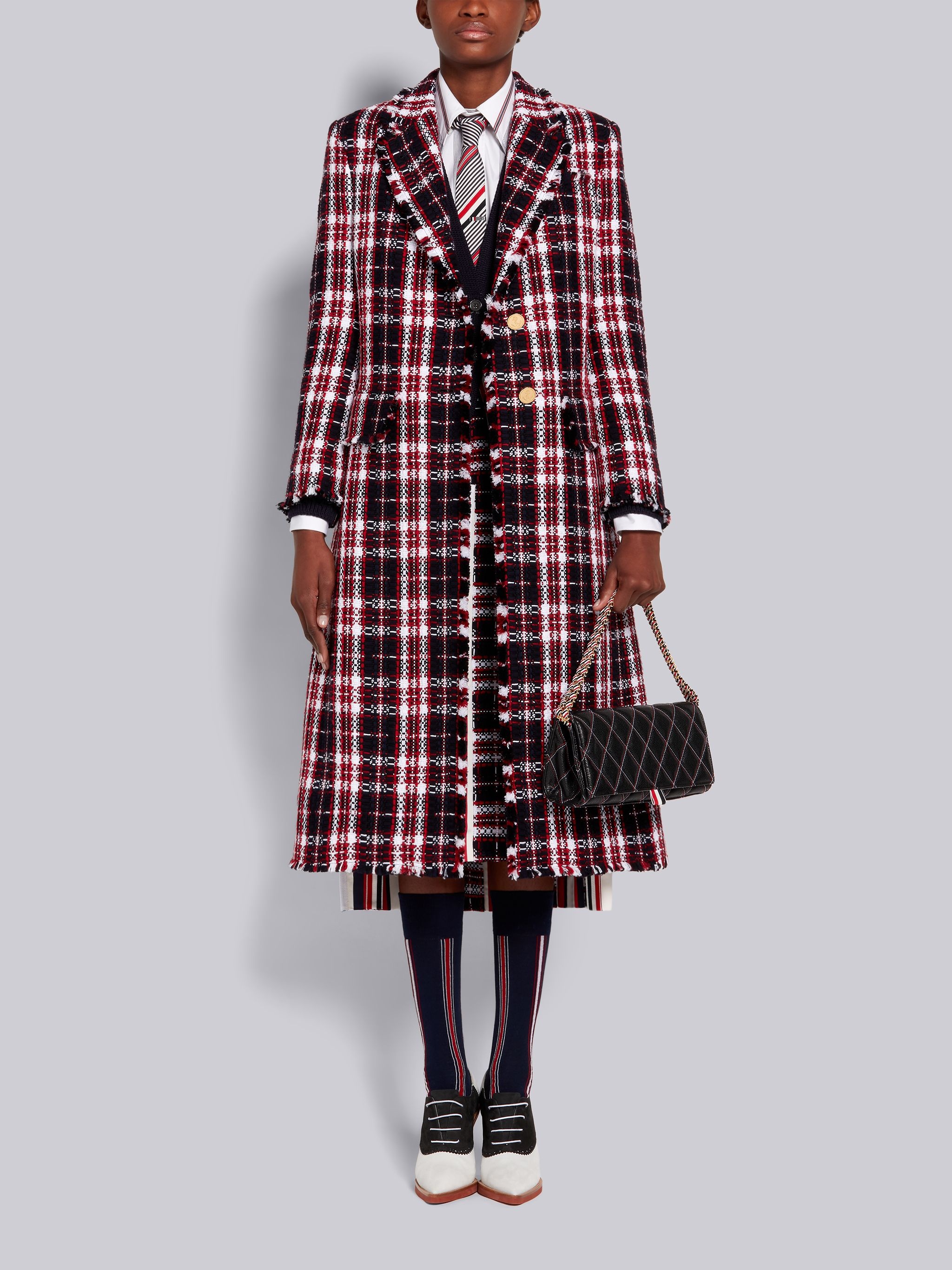 Multicolor Tartan Check Tweed Frayed Wide Lapel Overcoat - 4