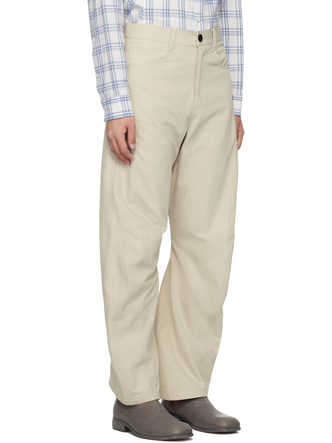 Beige Curved Silhouette Trousers - 2