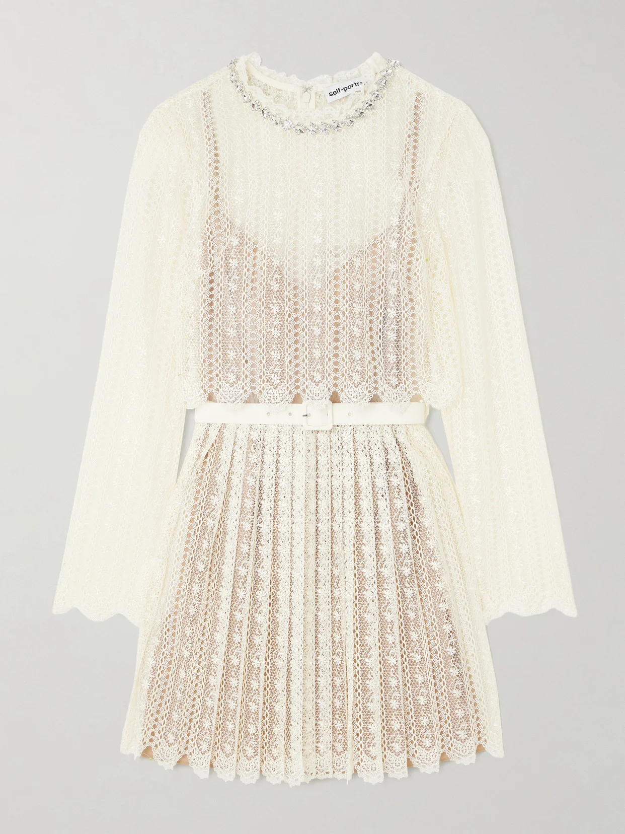 Belted Crystal-embellished Pleated Lace Mini Dress - 1