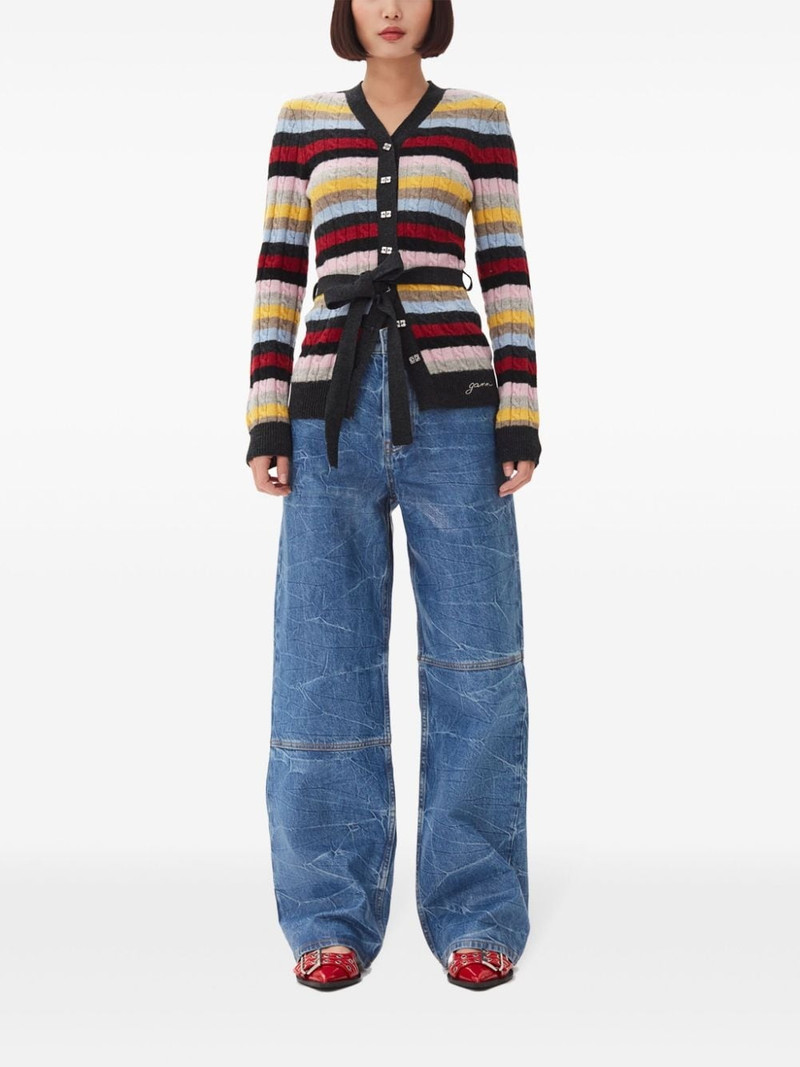 GANNI logo-embroidered striped belted cardigan outlook