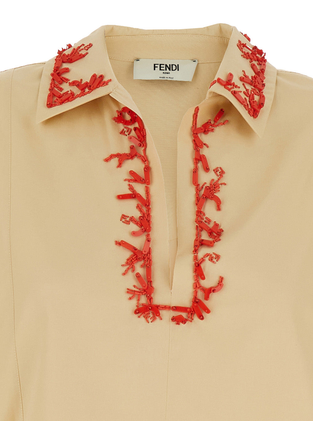 Fendi Women Beige Dress With Open Polo Shirt Style Collar And Embroidery On The Collar In Cotton Wom - 3