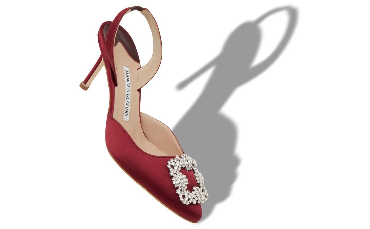 Dark Red Satin Jewel Buckle Slingback Pumps - 2