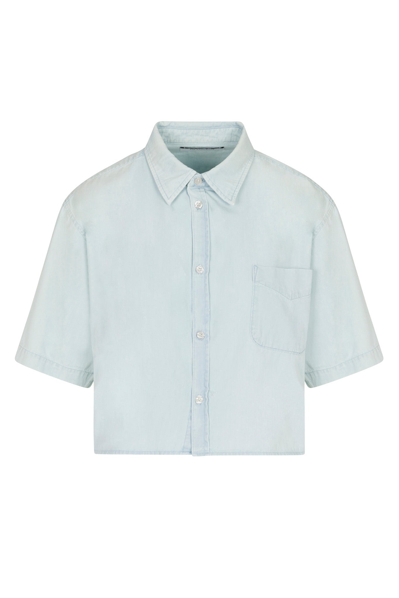 LIGHT BLUE CHAMBRAY SHORT SLEEVE CROPPED BUTTON DOWN - 5