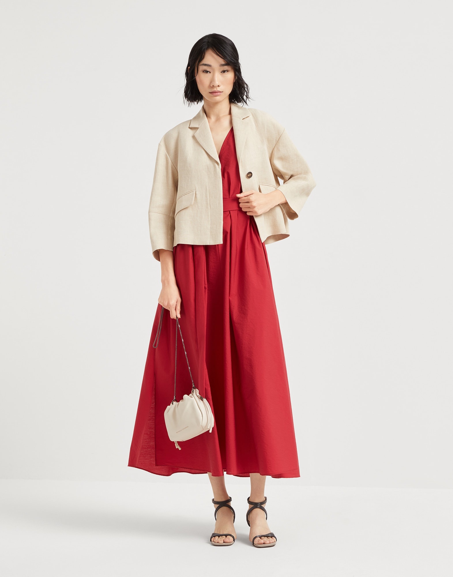 Techno cotton poplin belted dress with precious shoulder detail - 5