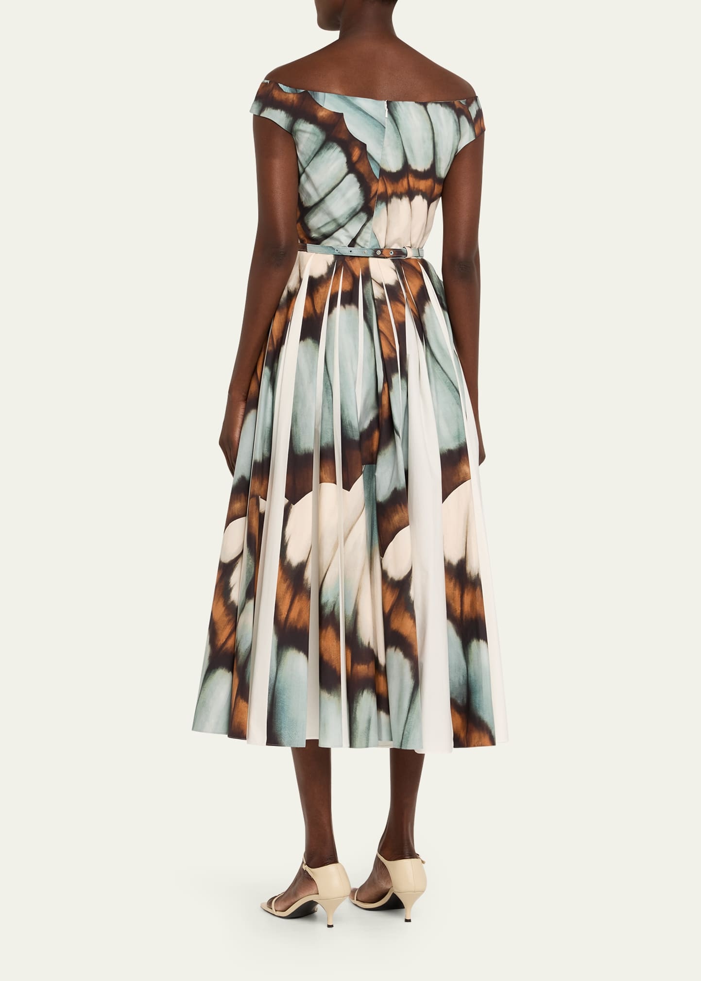 Off-The-Shoulder Butterfly Poplin Pleated Midi Dress With Belt - 3