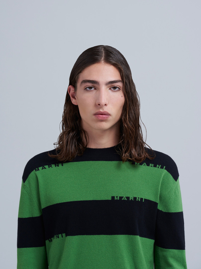 BLACK AND GREEN STRIPED SHETLAND WOOL LOGO SWEATER 4