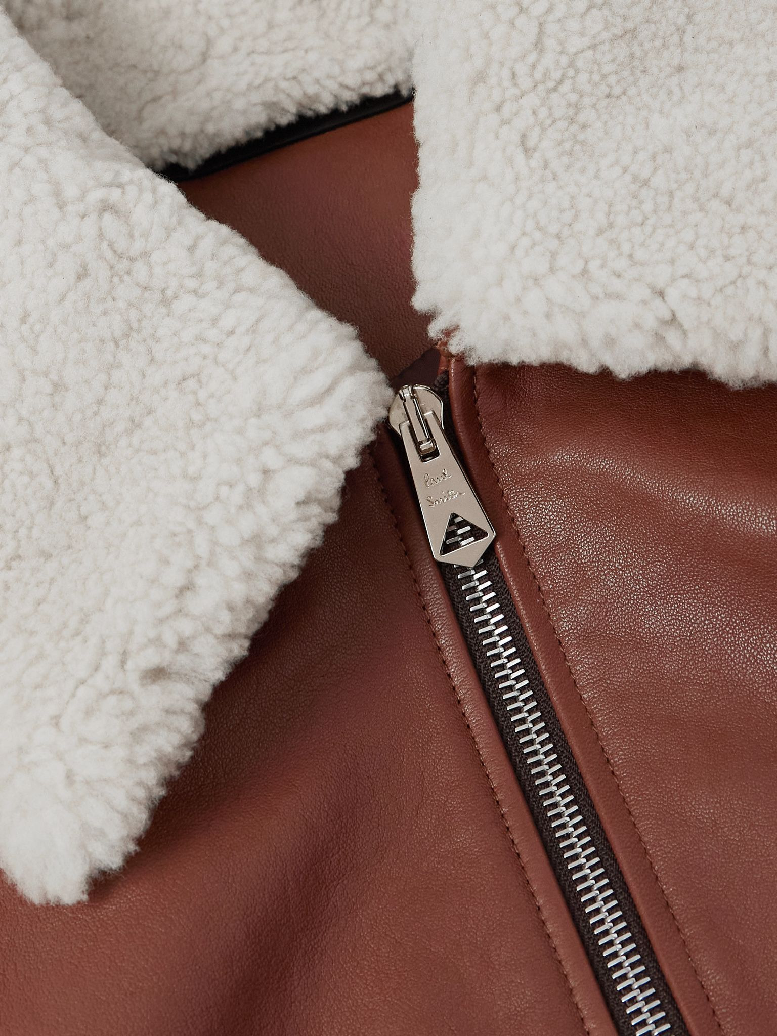 Shearling-Trimmed Leather Jacket Brown - 5