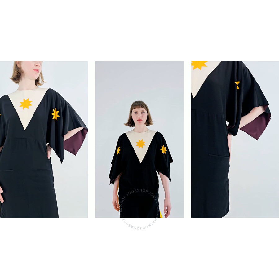 Burberry Ladies Black Geometric Print Silk Crepe De Chine Cape Sleeve Dress - 3