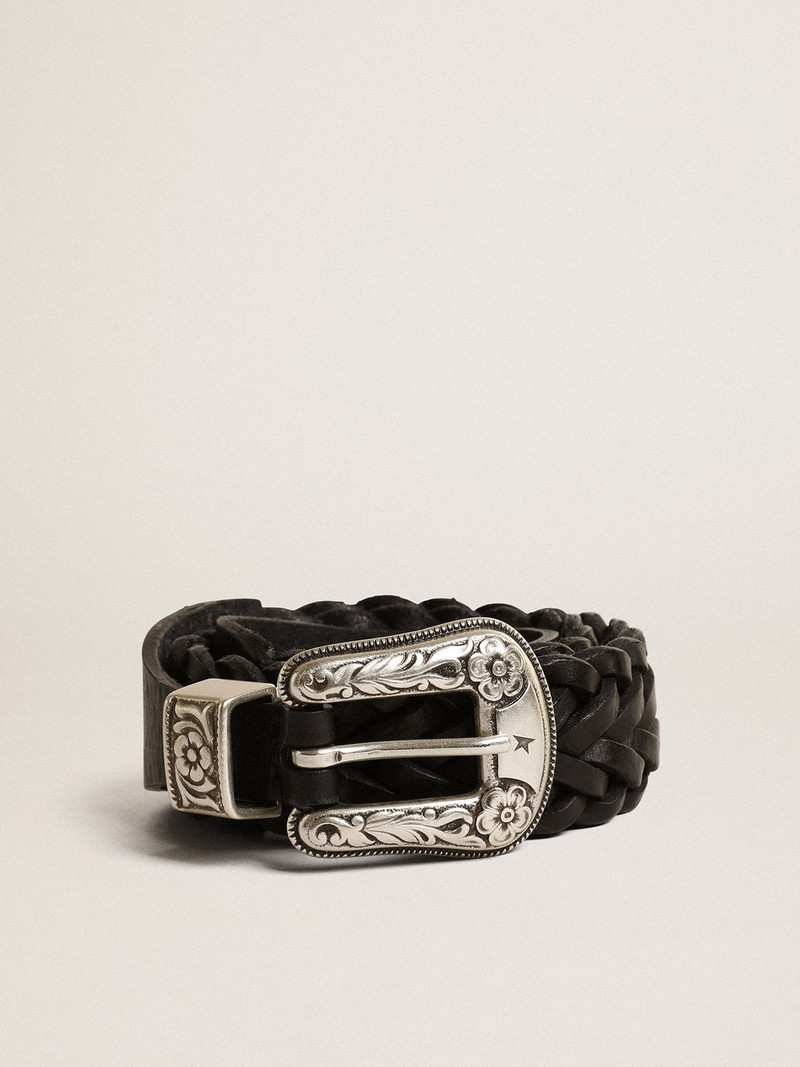 Belt in black braided leather with silver color buckle 1