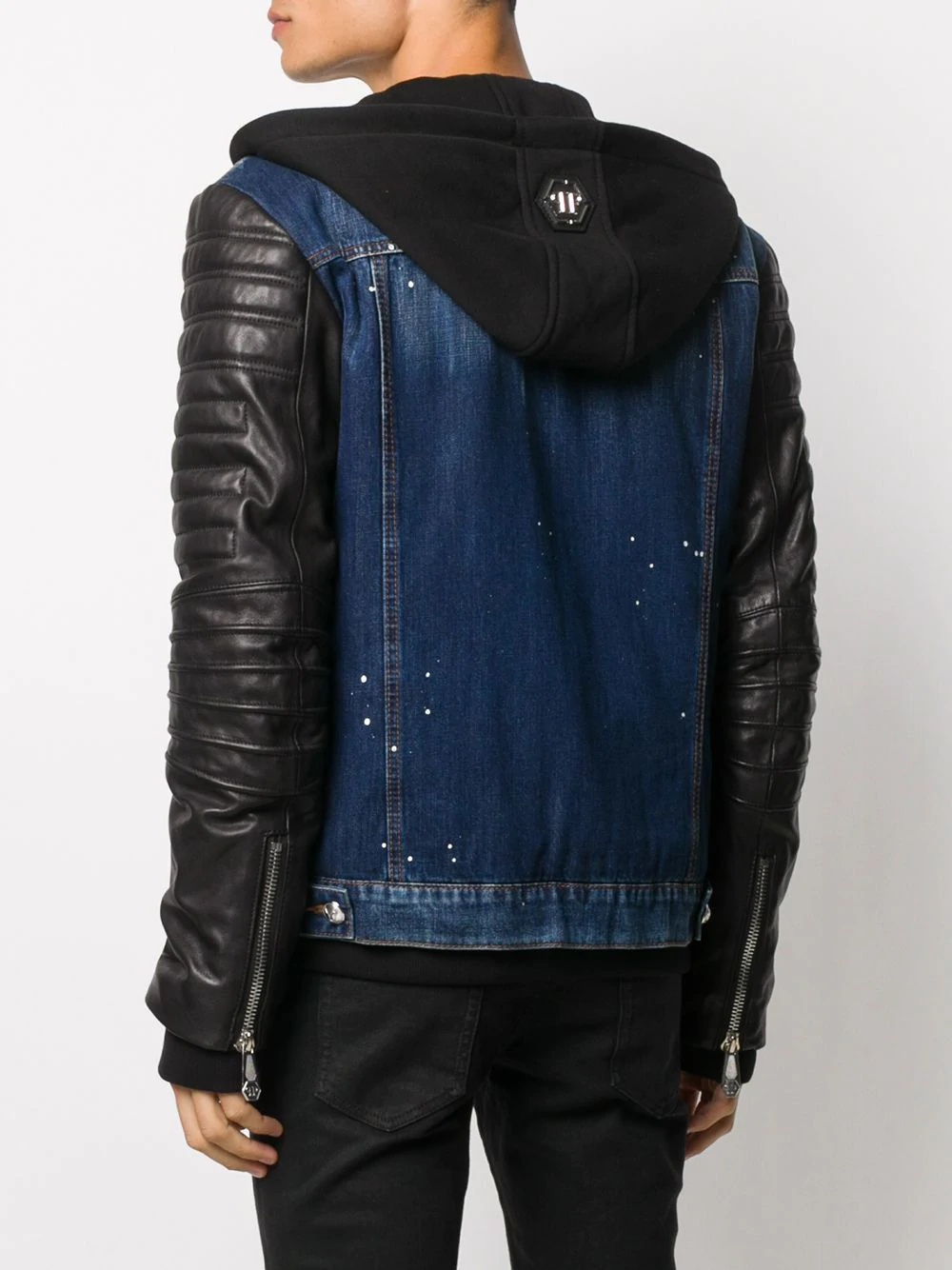 leather panel denim jacket - 4