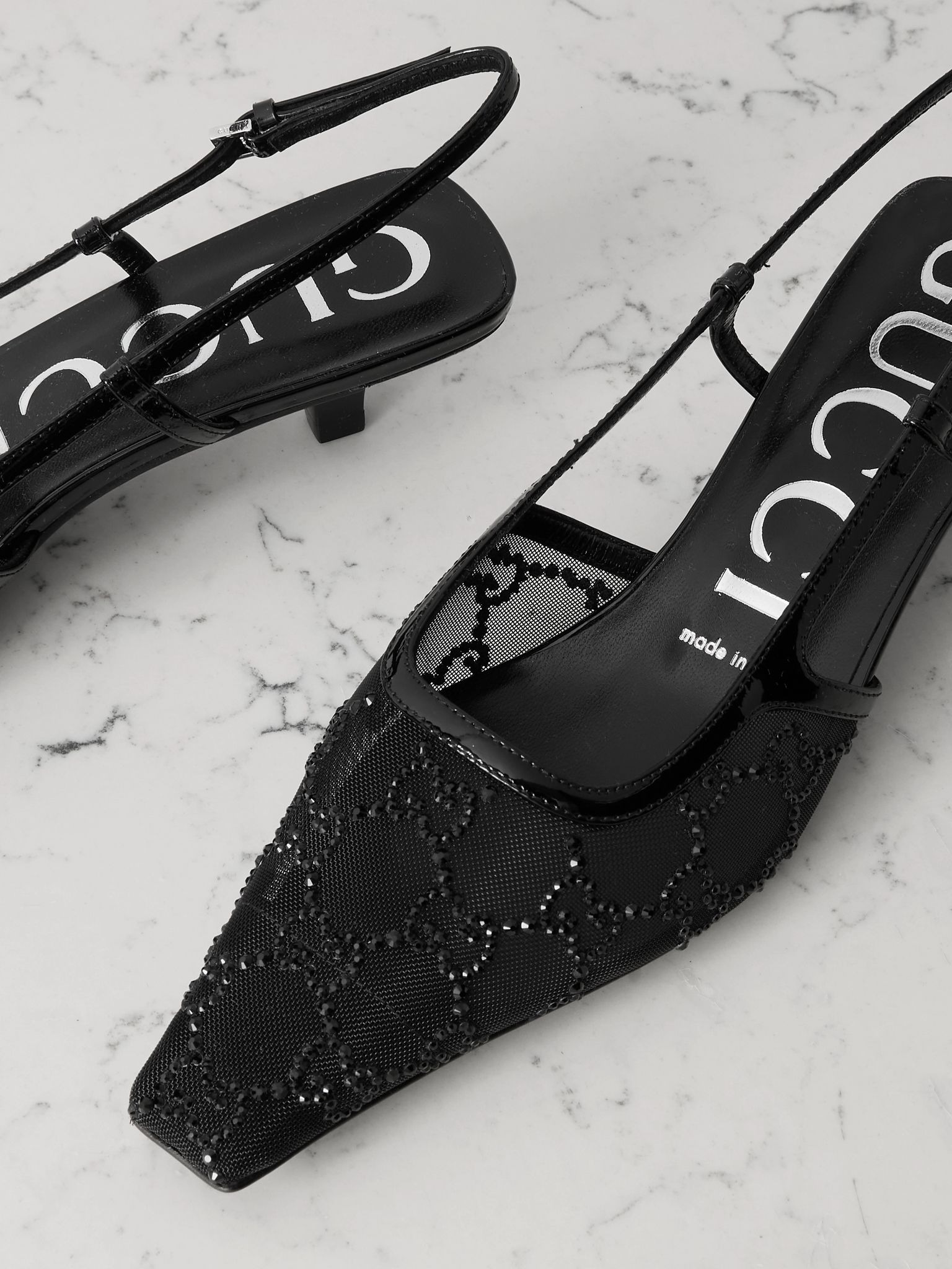 Demi patent leather-trimmed crystal-embellished mesh slingback pumps Black - 4
