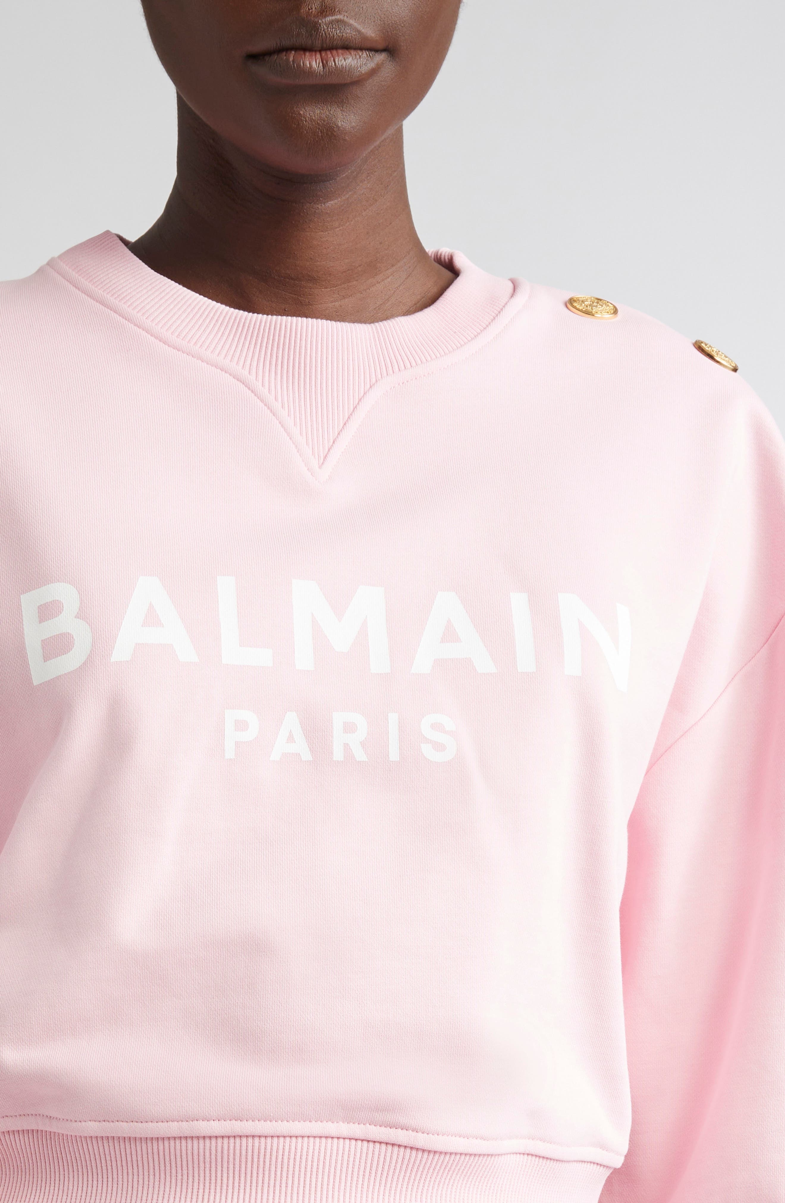 Balmain Crop Logo Graphic Sweatshirt in Pink Mini Check at Nordstrom - 4