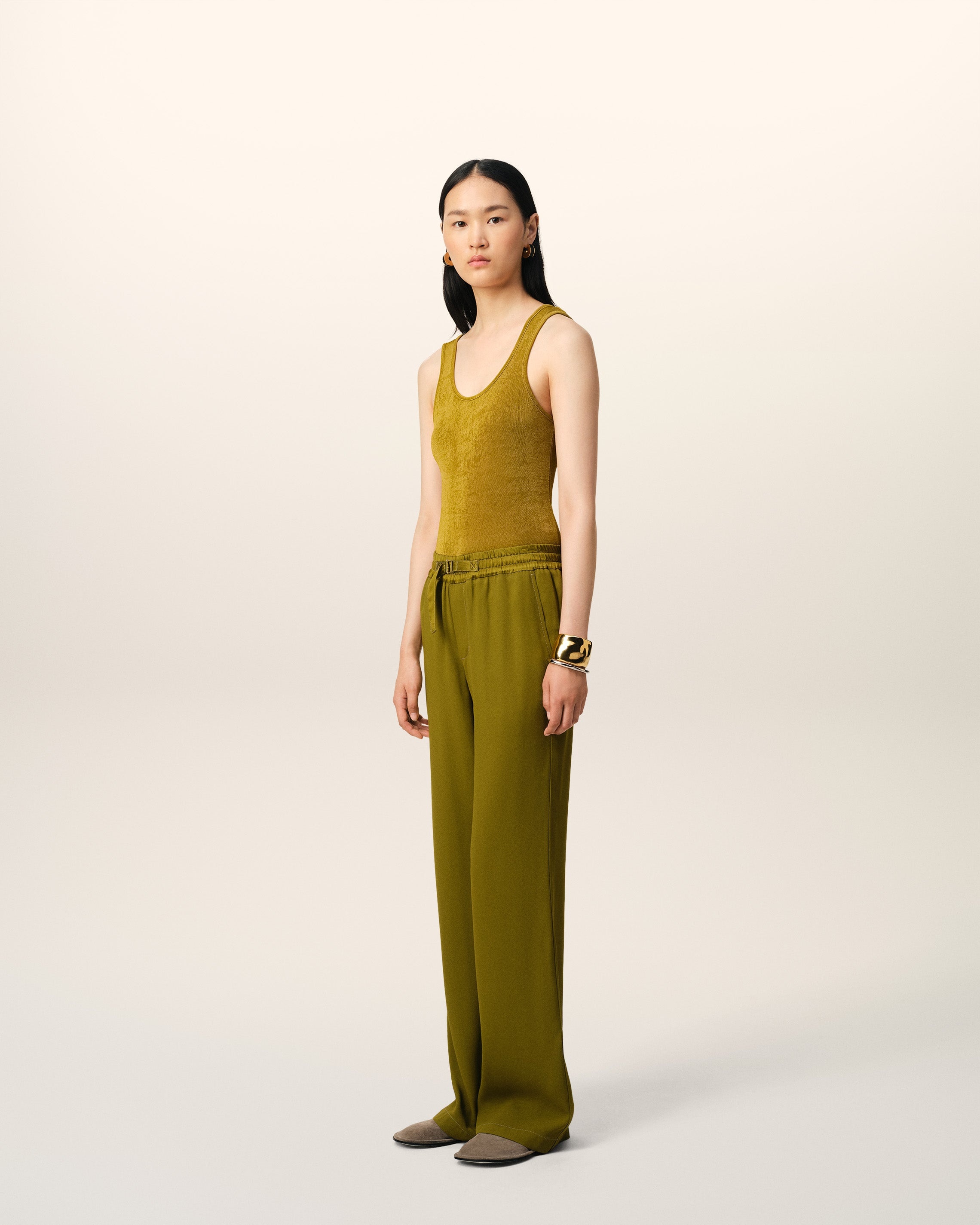 KHAKI FLARE FIT ELASTICATED TROUSERS - 5