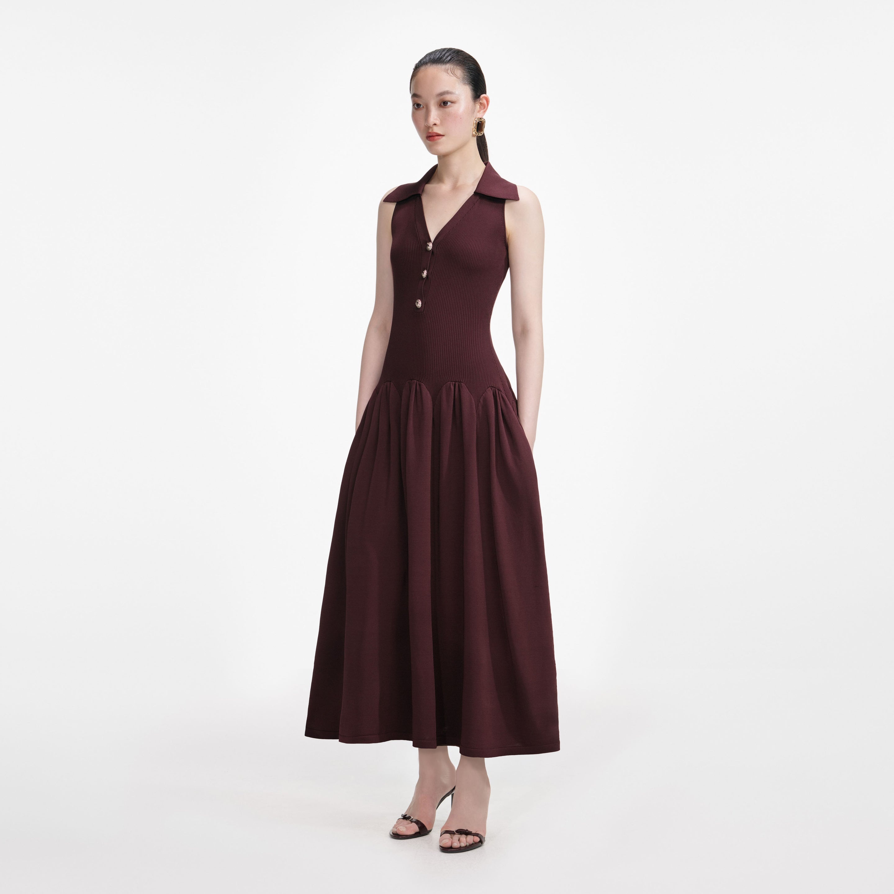 Brown Ribbed Knit Maxi Dress - 2