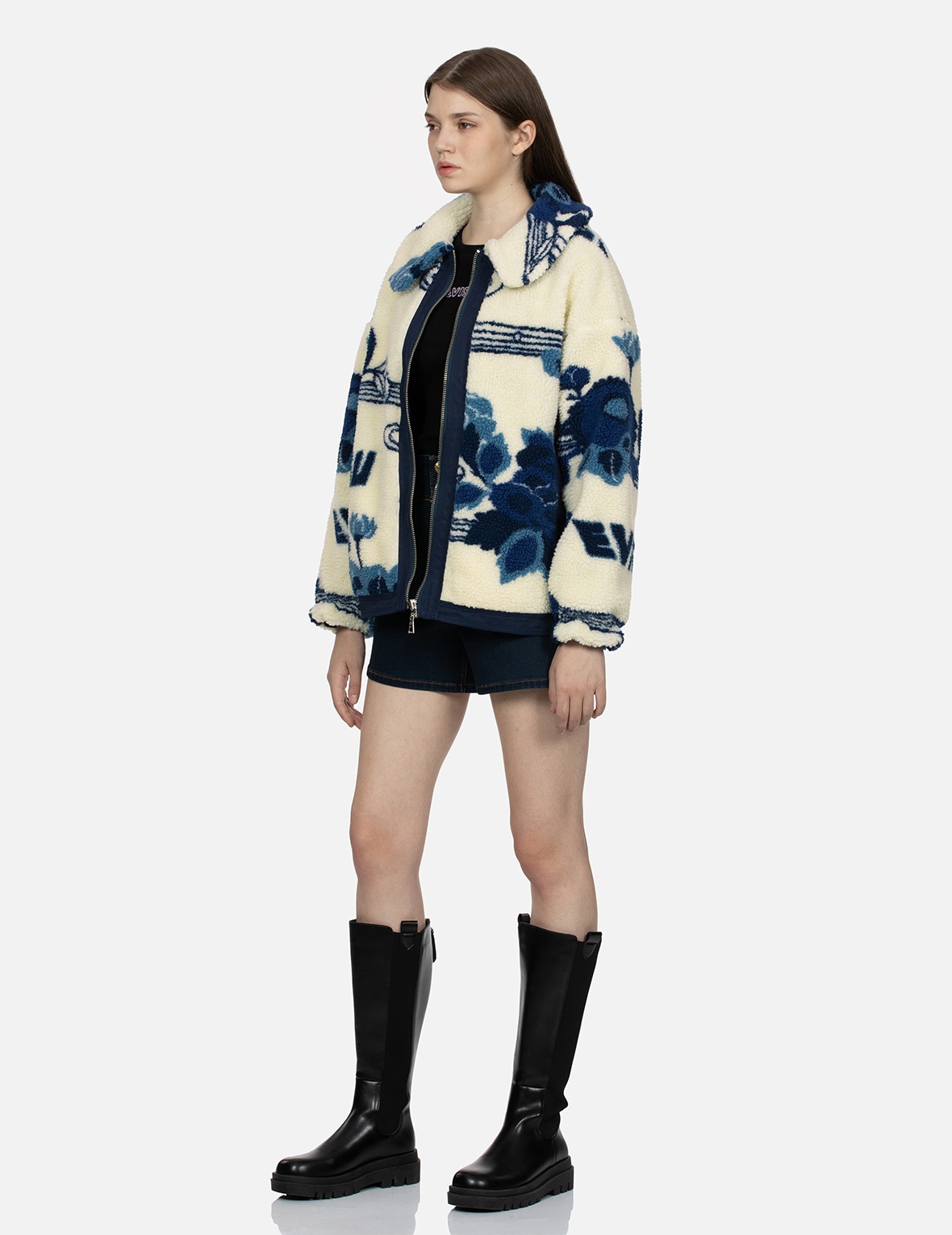 TONAL FLORAL JACQUARD DROP-SHOULDER ZIPPED SHERPA JACKET - 3