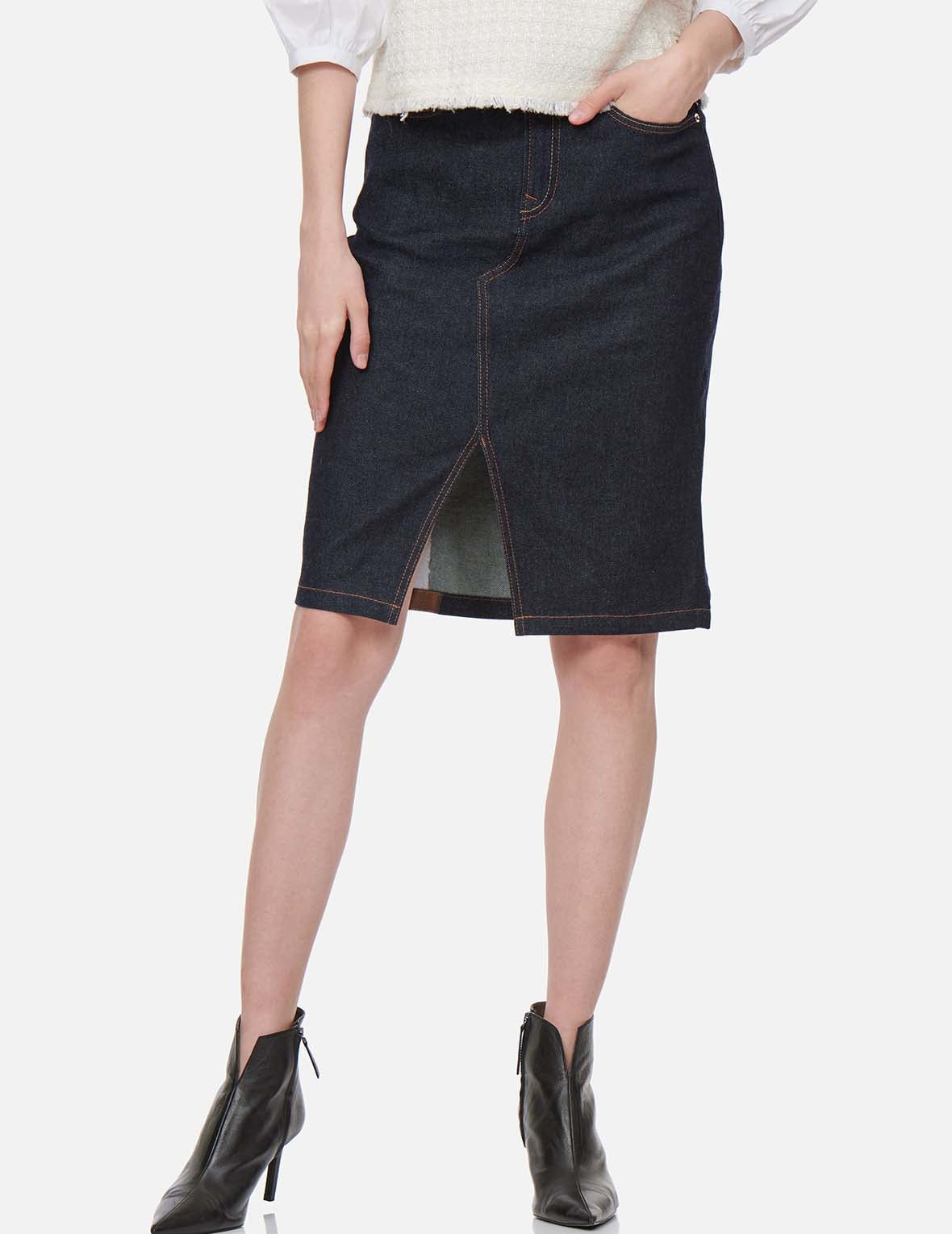 Brushstroke Daicock Split-Front Denim Pencil Skirt - 4