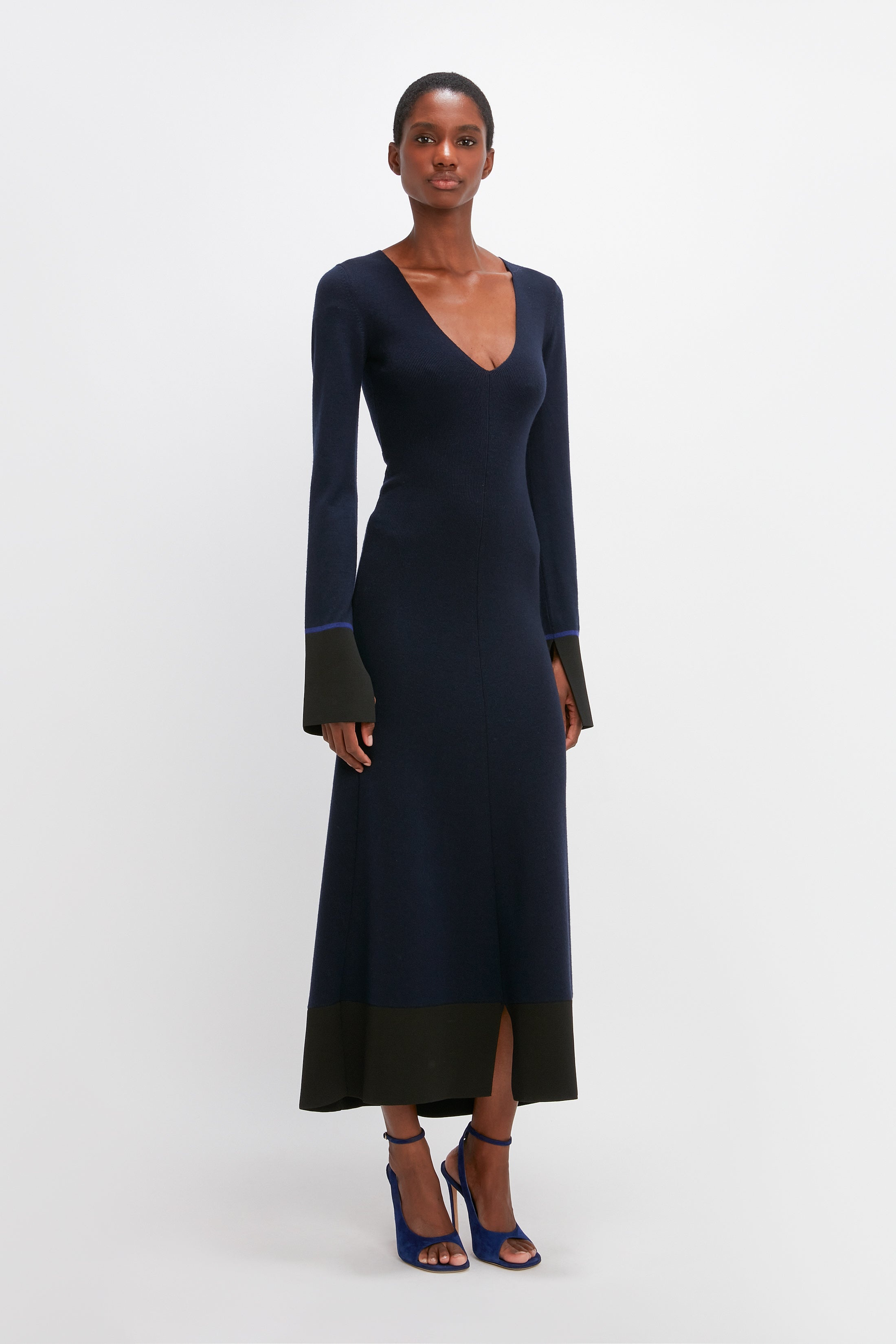 V Neck Knitted Dress in Navy - 3