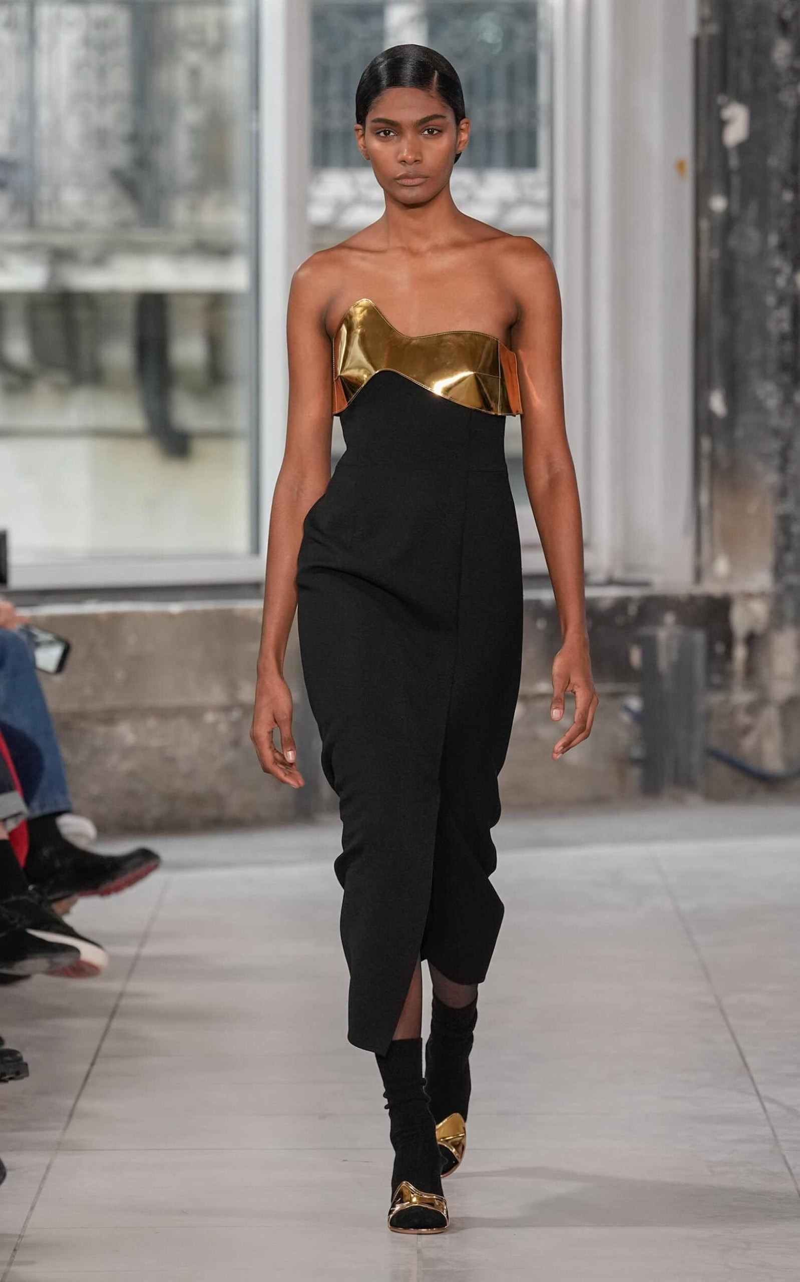 Midi Cocktail Dress with Gold Leather Highlight - 2