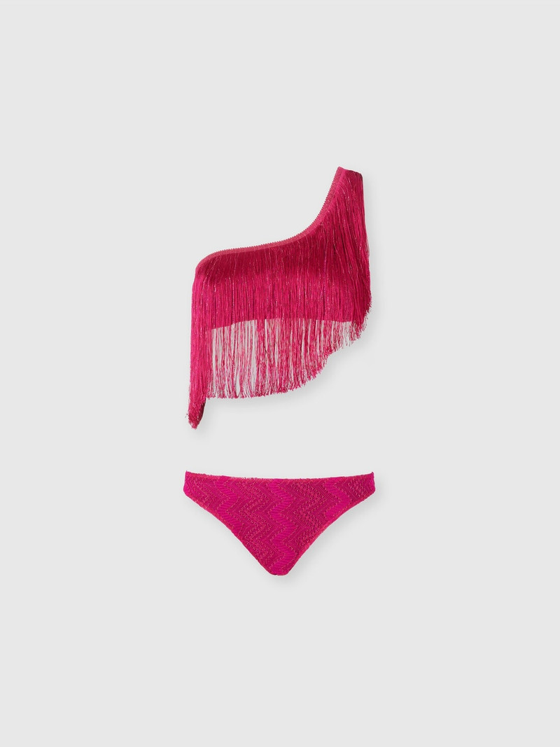 One-shoulder zigzag lamé viscose bikini with fringes 1