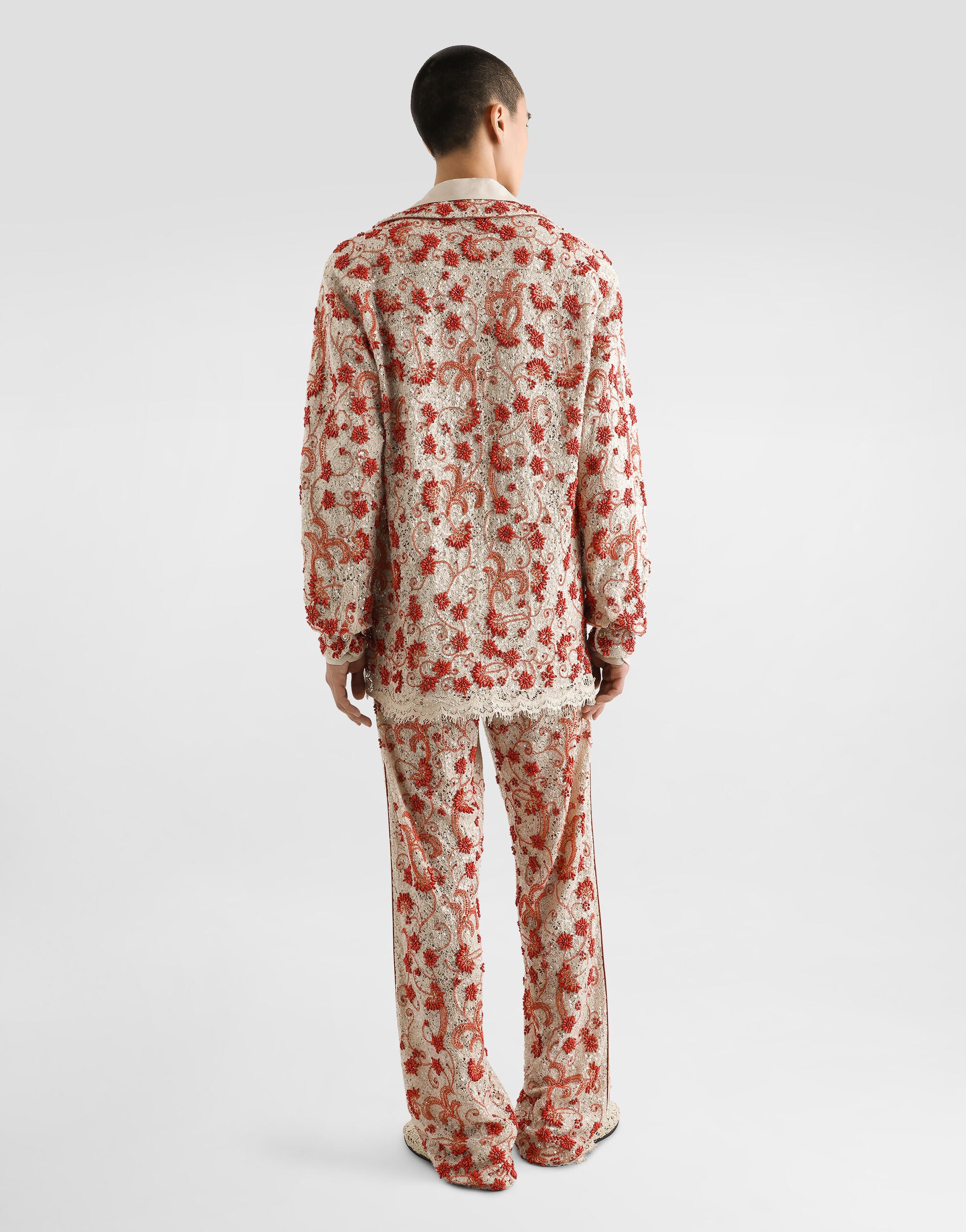 Long-sleeved lace shirt with coral embroidery - 3